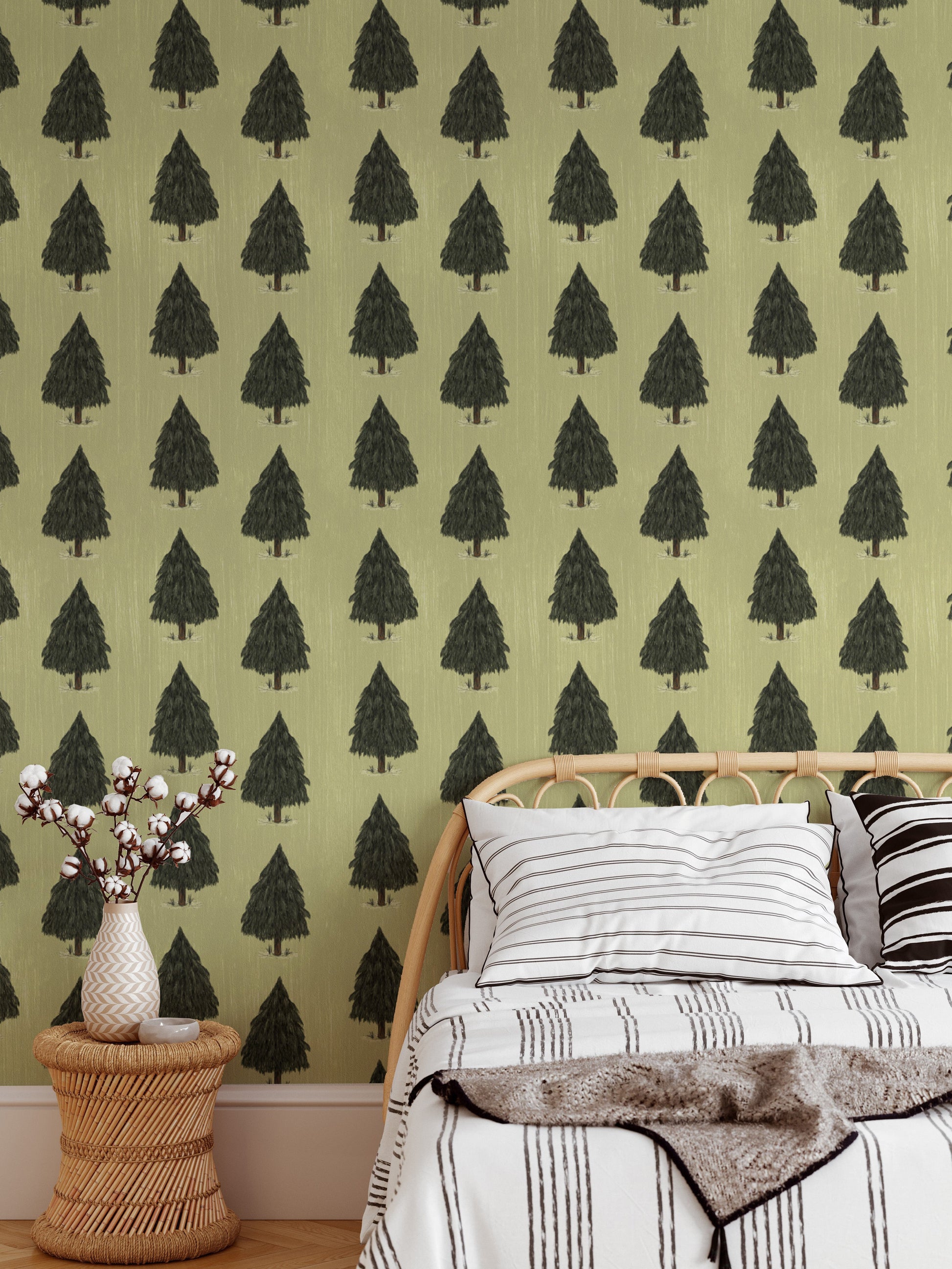 Artistic green pine trees wallpaper for unique and rustic spaces.
