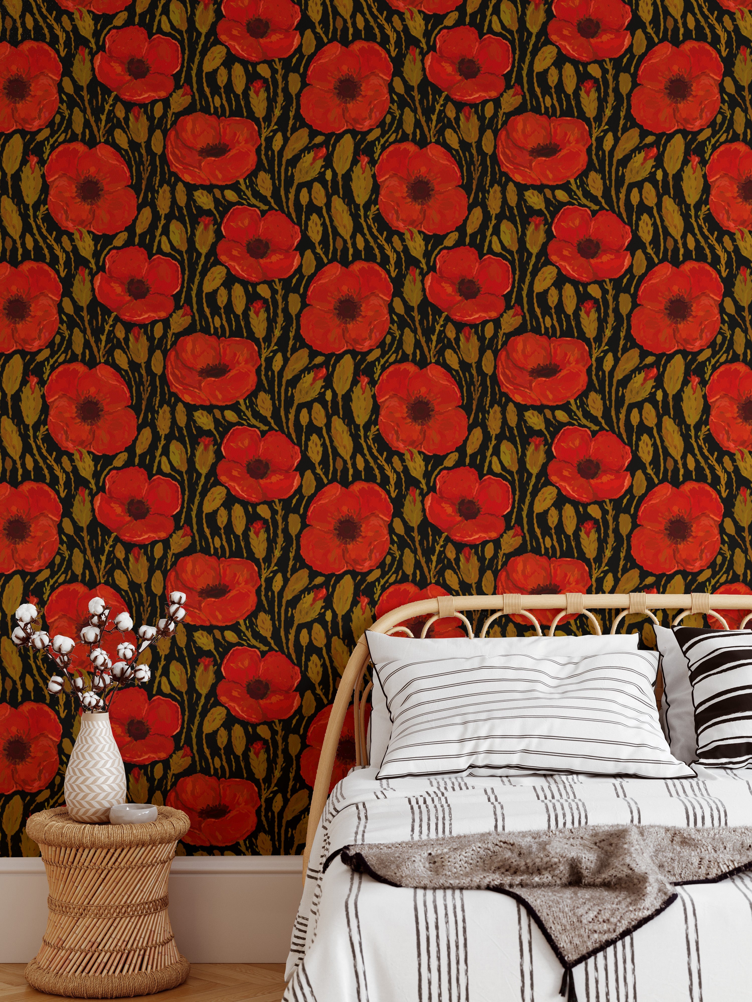 Artistic dark red poppy wallpaper for a unique and bold wall statement.
