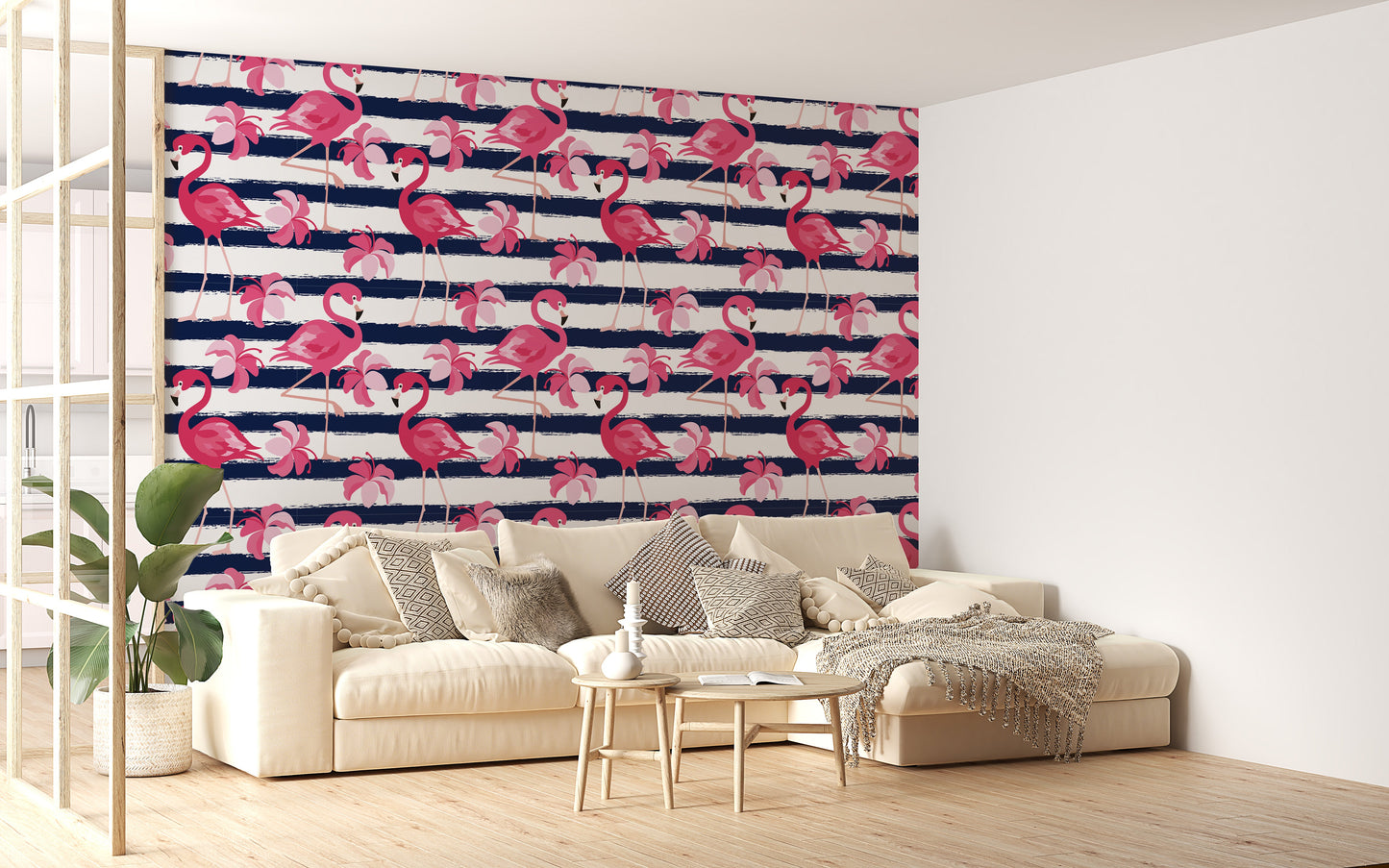 Blue Stripes & Pink Flamingo Wallpaper - Giffywalls