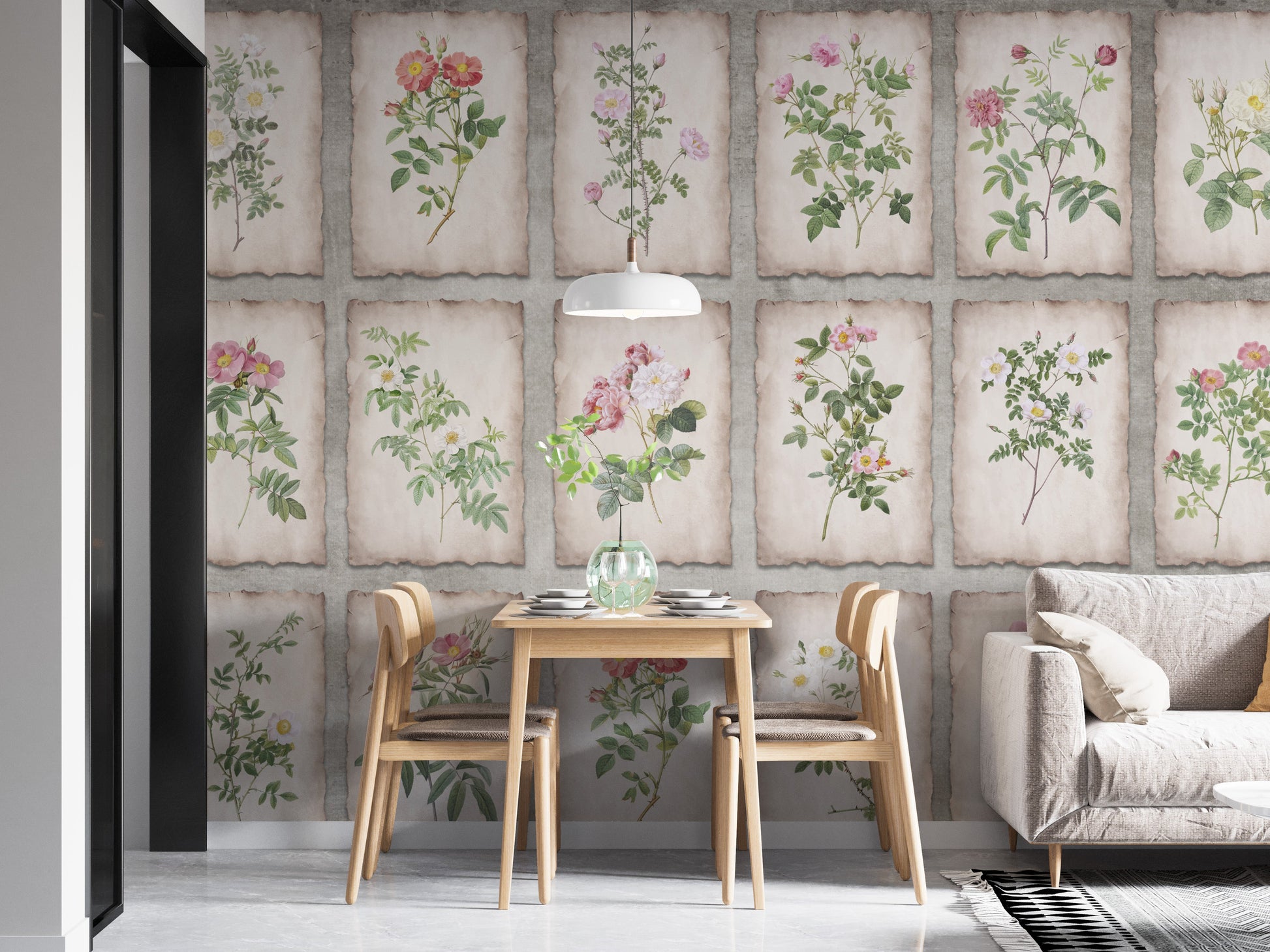 Vintage botanical art in a framed wall mural design