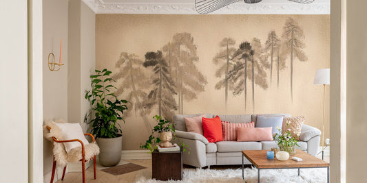 Serene pine tree wallpaper in soft beige tones