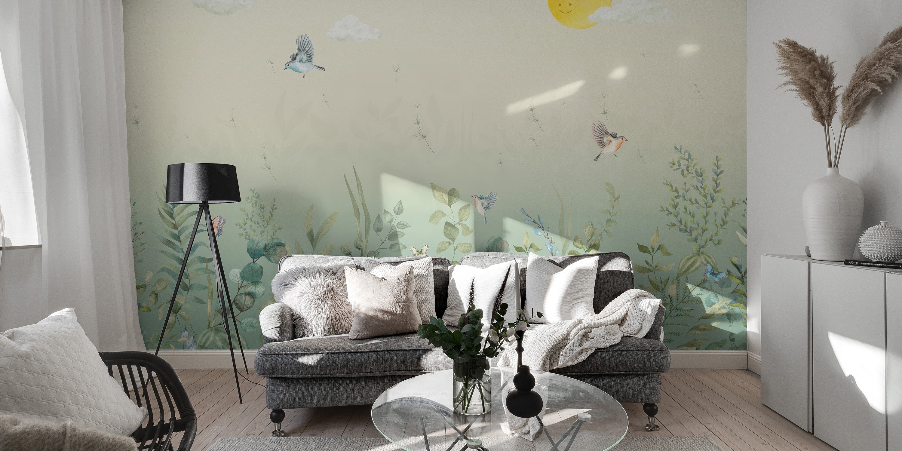 Fluttering Harmony Wallpaper transforms your living room