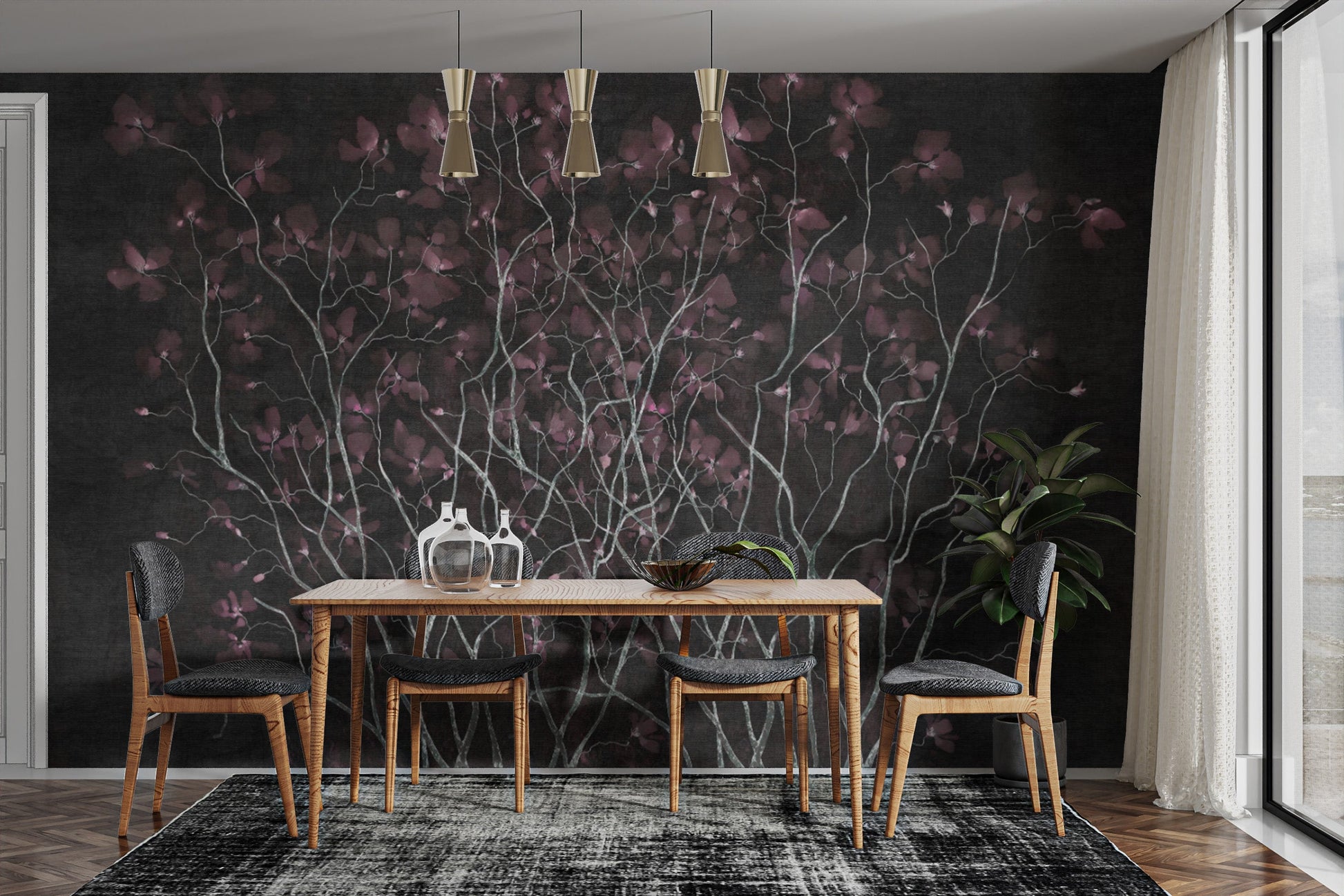 Elegant Nightshade floral mural adds depth to any space.