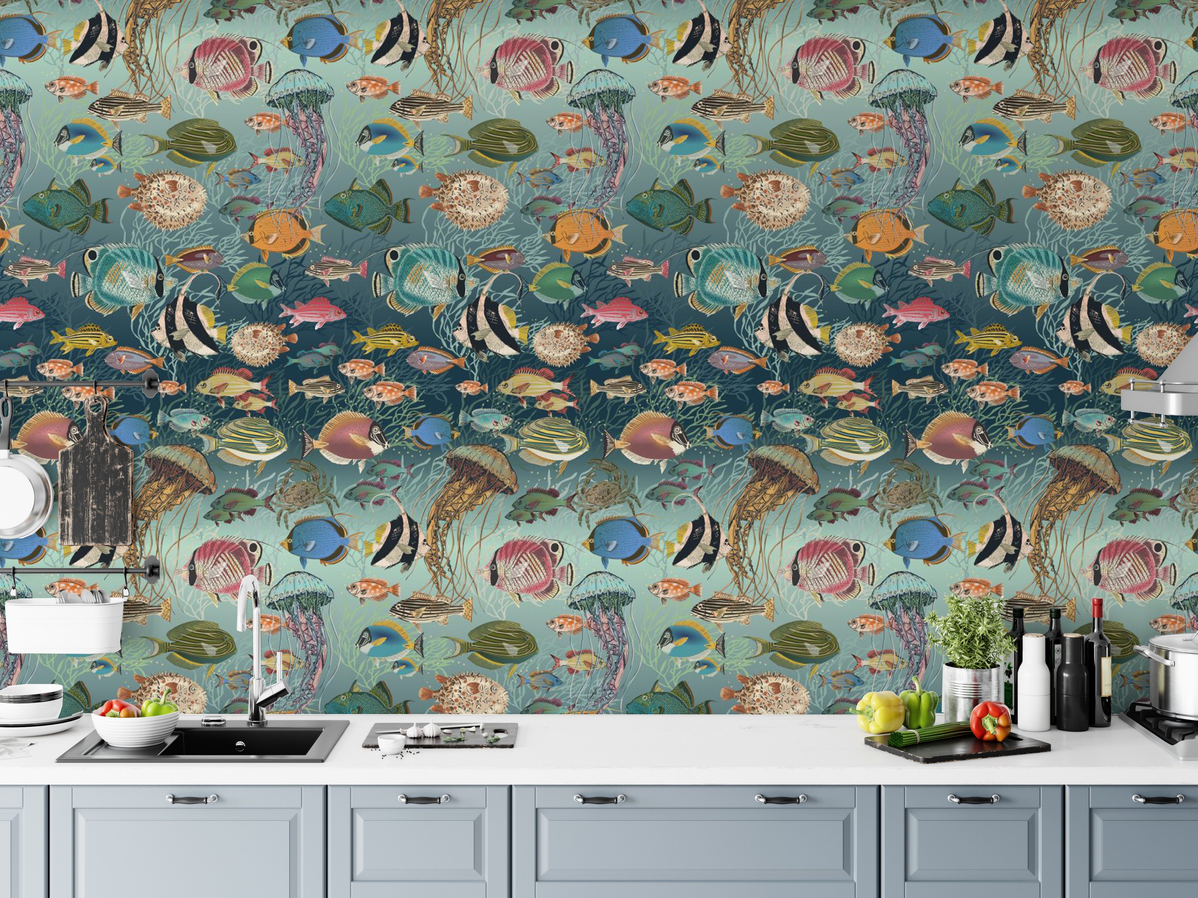 Whimsical Marine Mosaic Pattern Wallpaper
