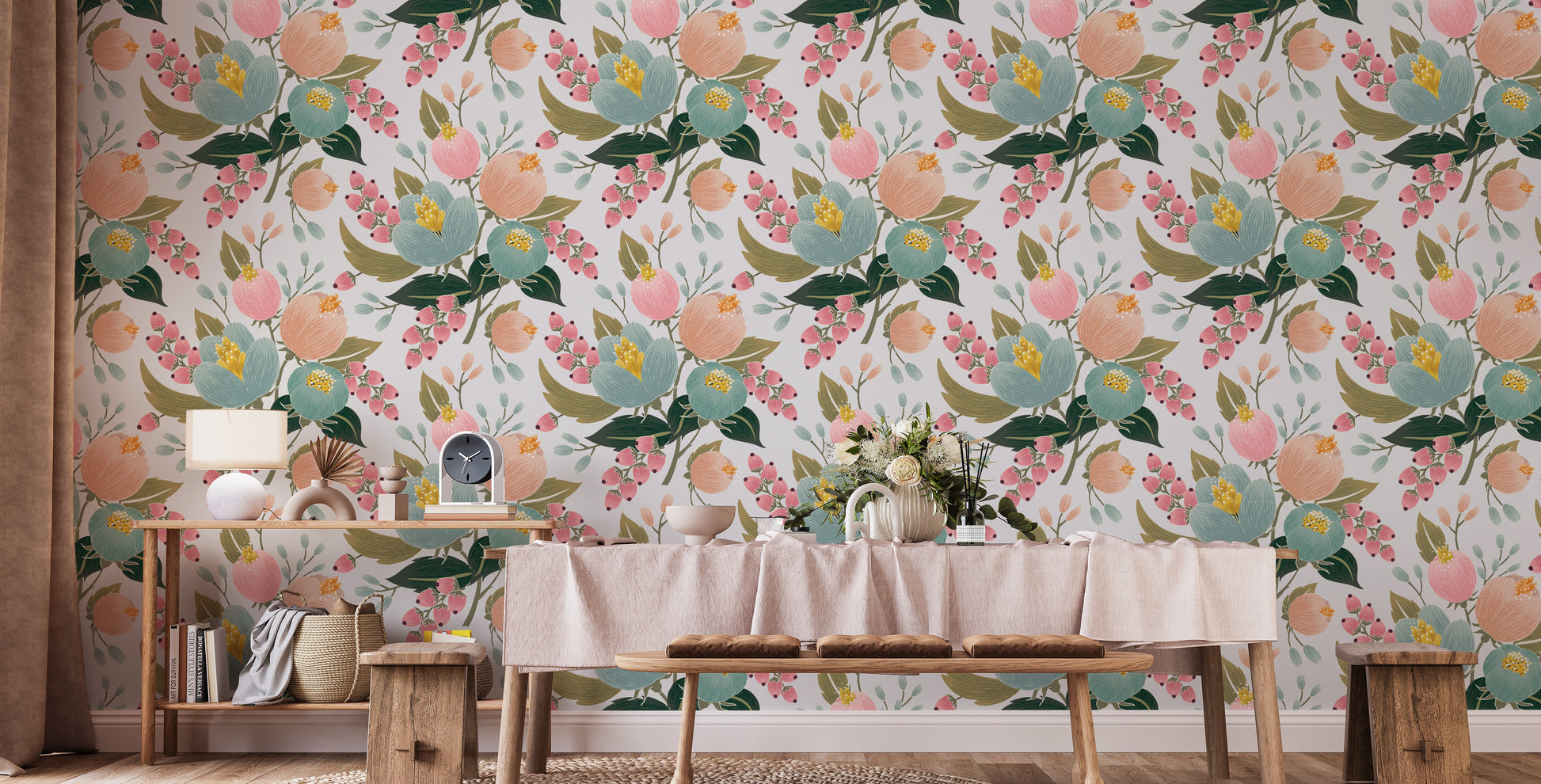 Delicate floral wallpaper in soft hues