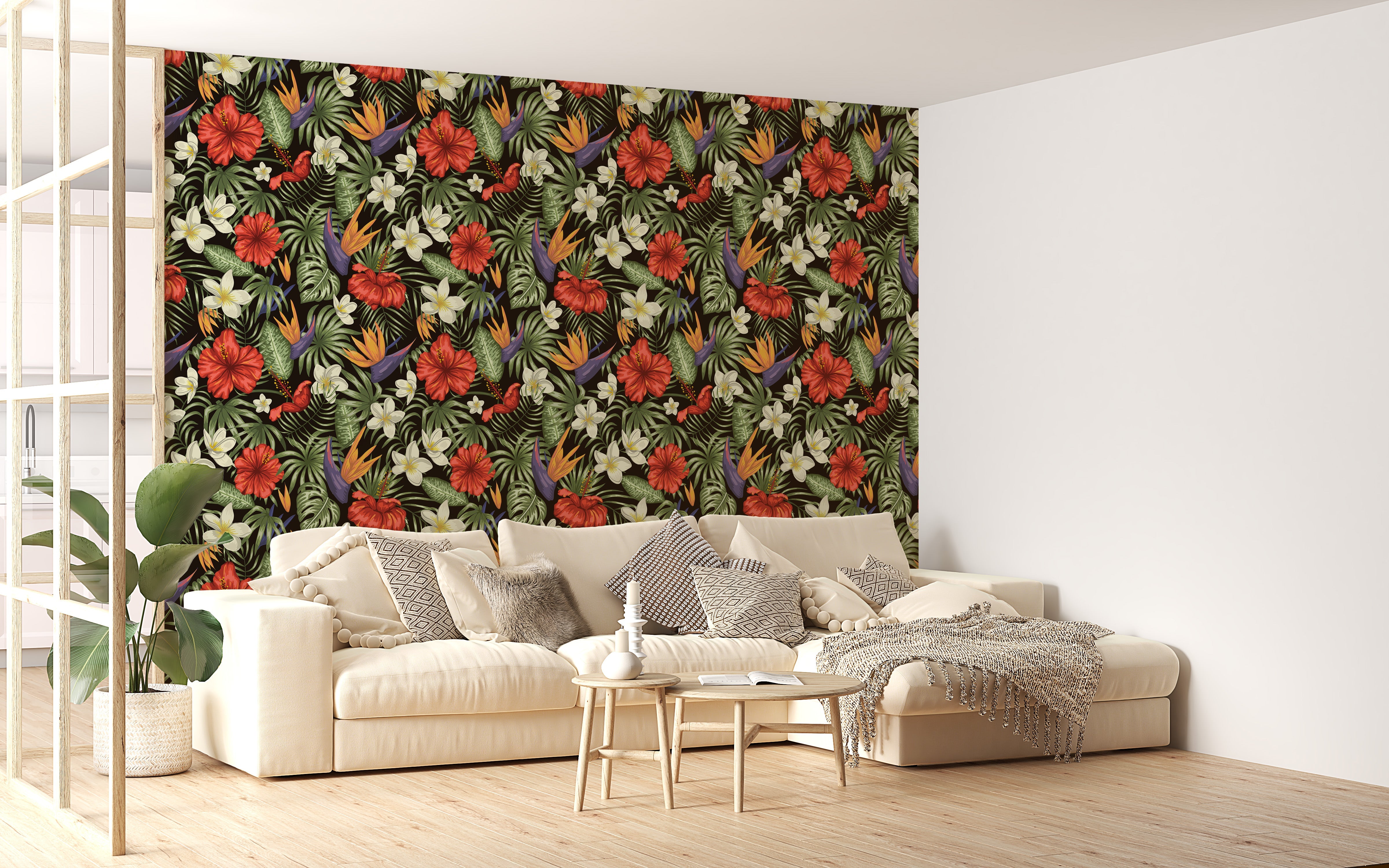 Bright tropical flowers and leaves mural
