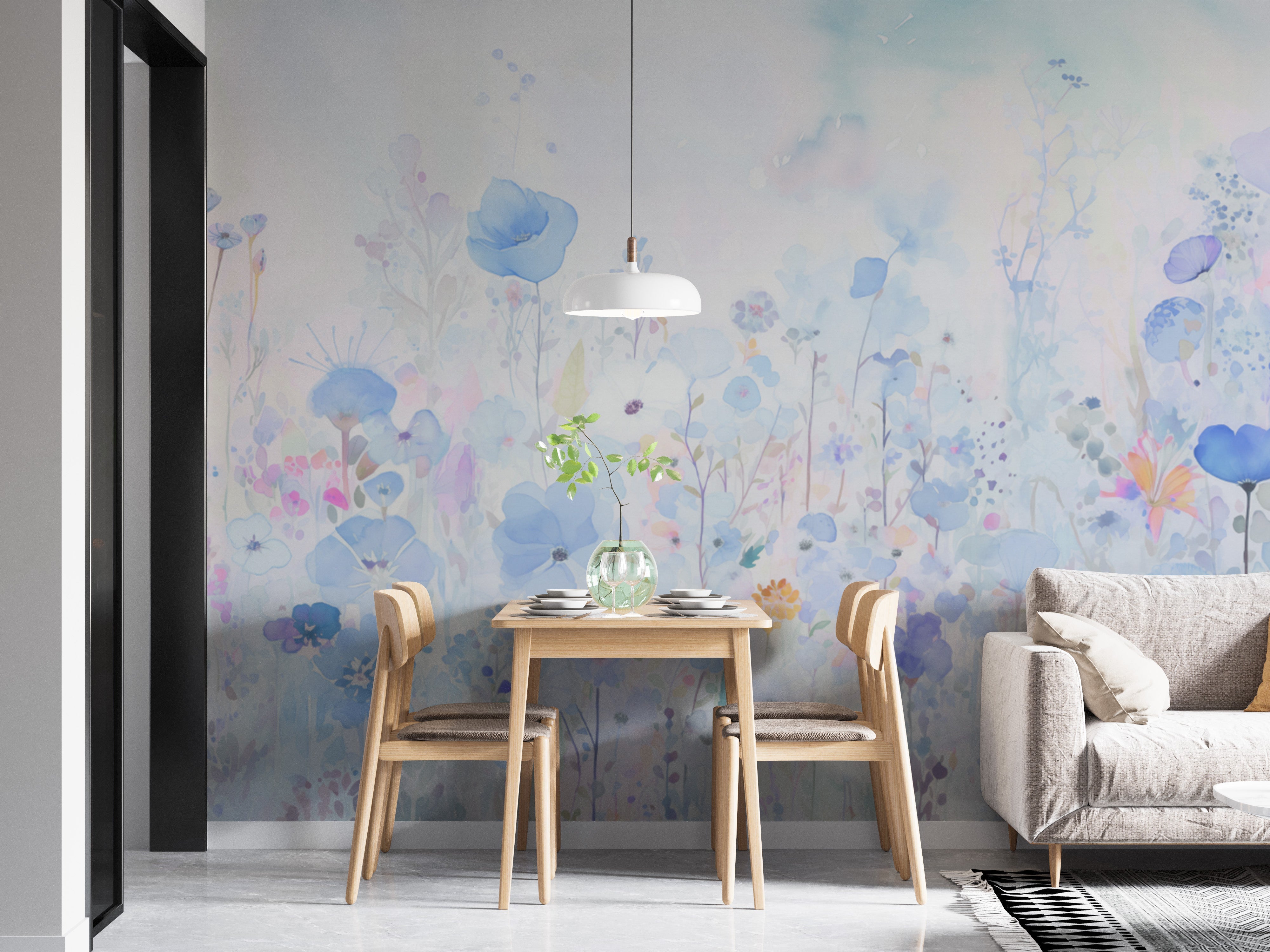 Transform your space with vibrant watercolor happy flowers blue wallpaper.
