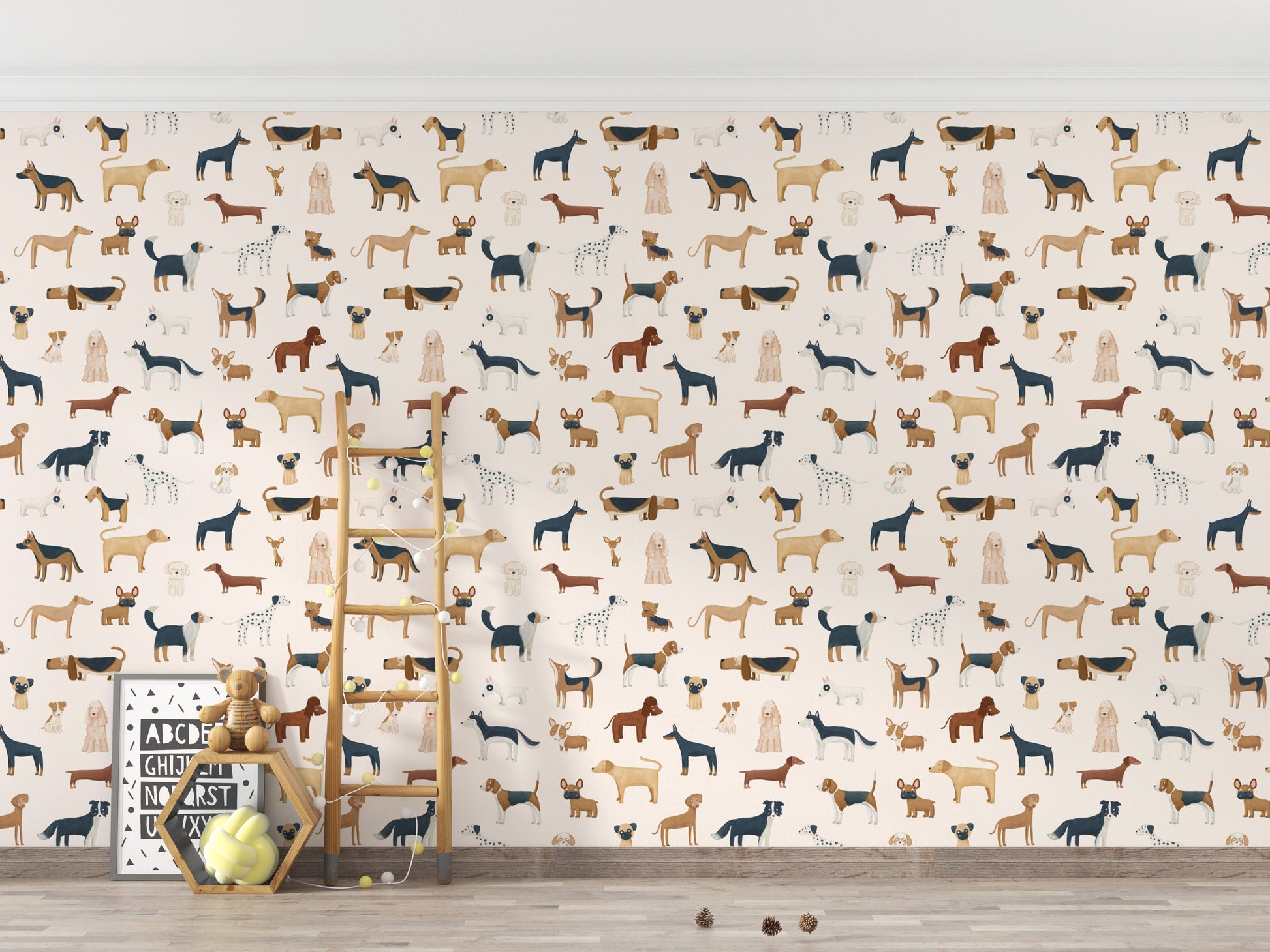 Charming nursery canine-themed wallpaper design
