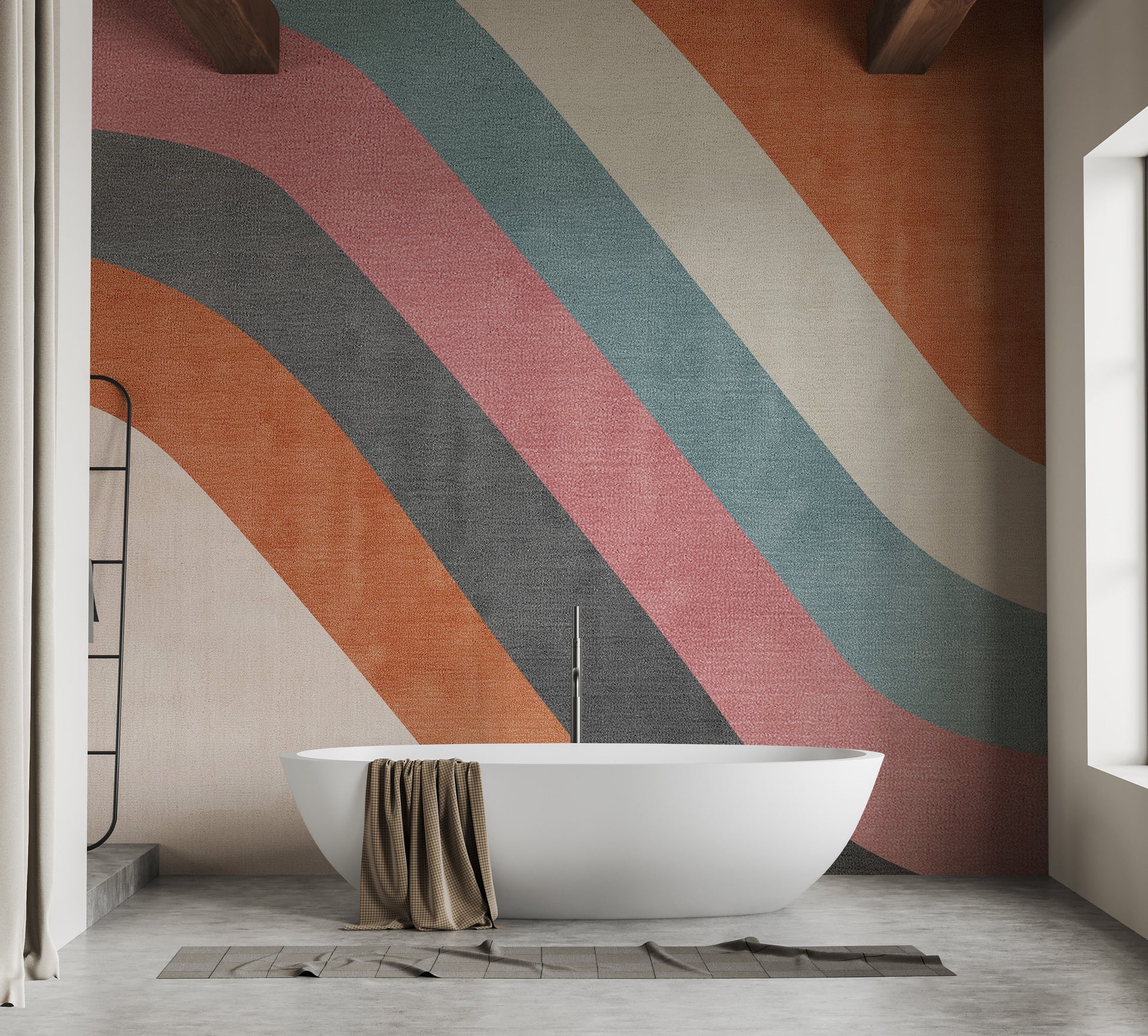 Retro-inspired wallpaper mural with flowing curves