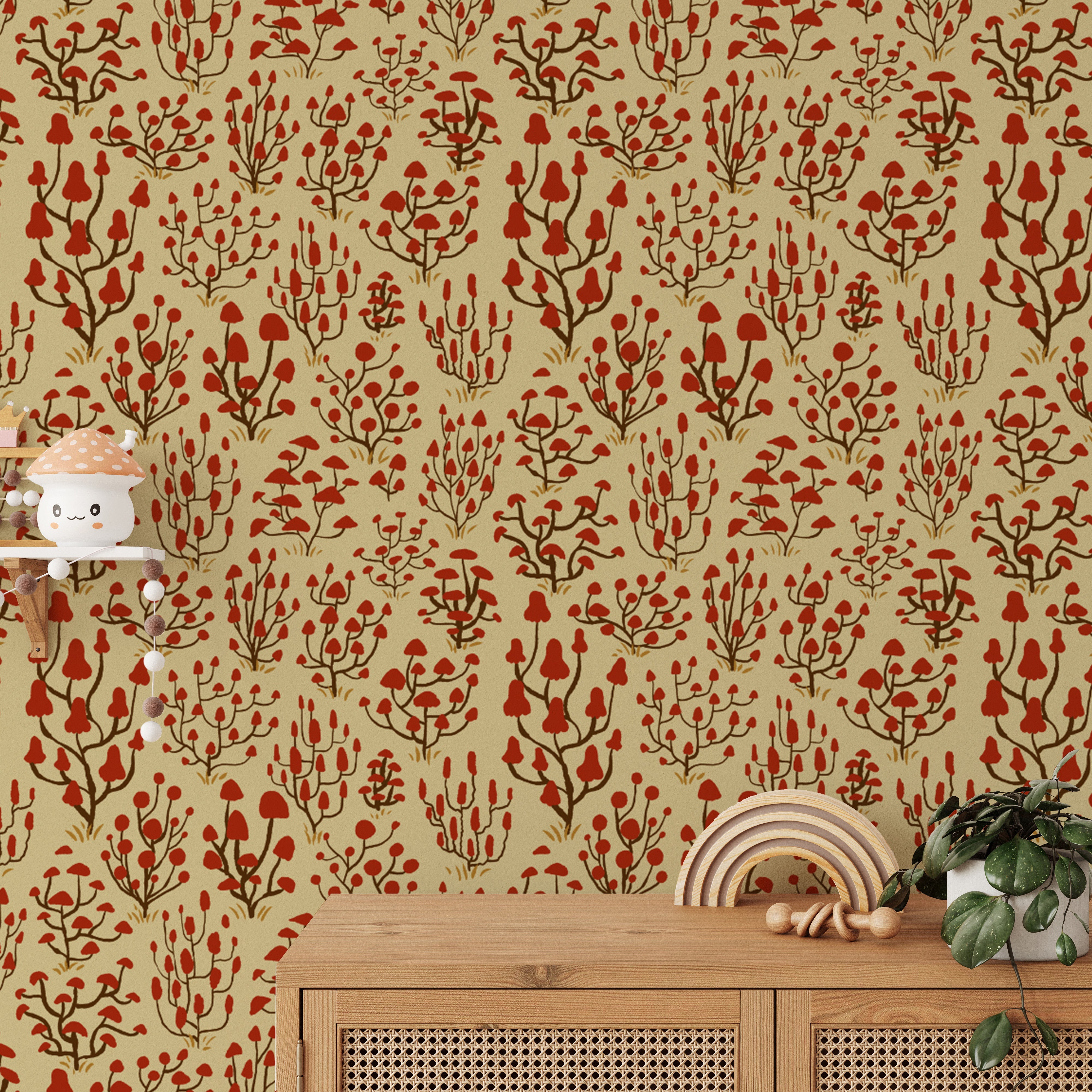 Nature-inspired ditsy red mushrooms wallpaper for earthy decor.
