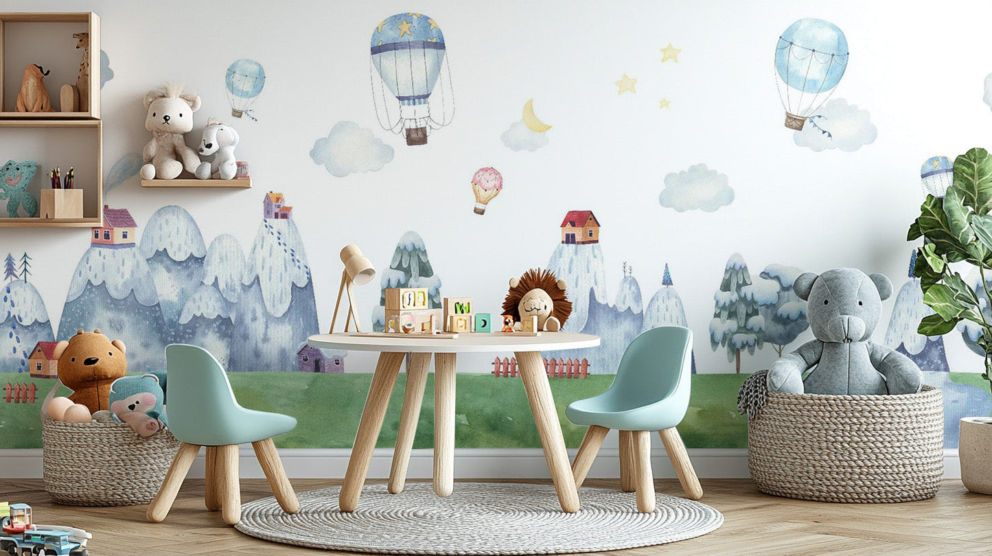 Cartoon mountain wallpaper for a cheerful kids' space
