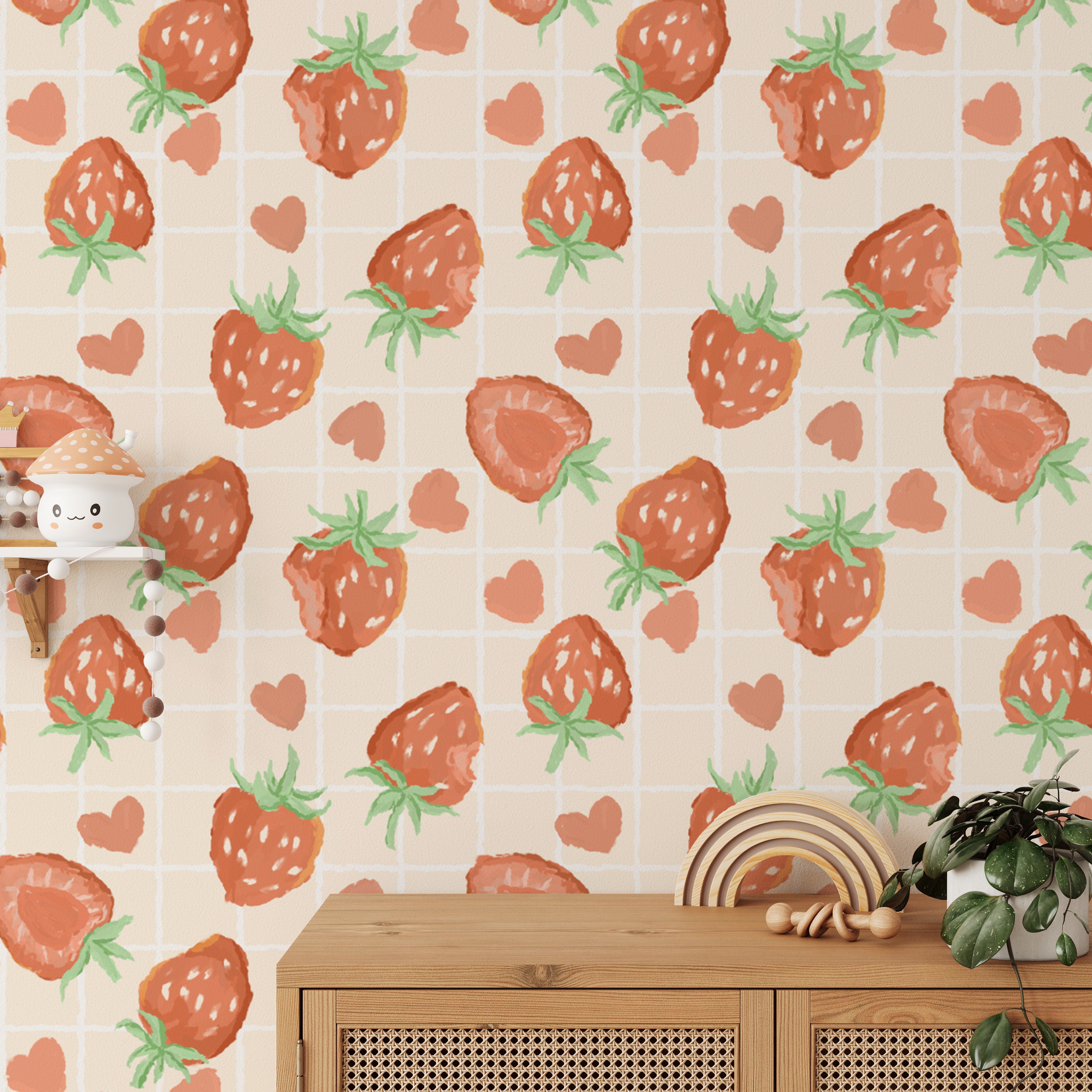 Playful heartful strawberries mural for cozy and fun wall decor.
