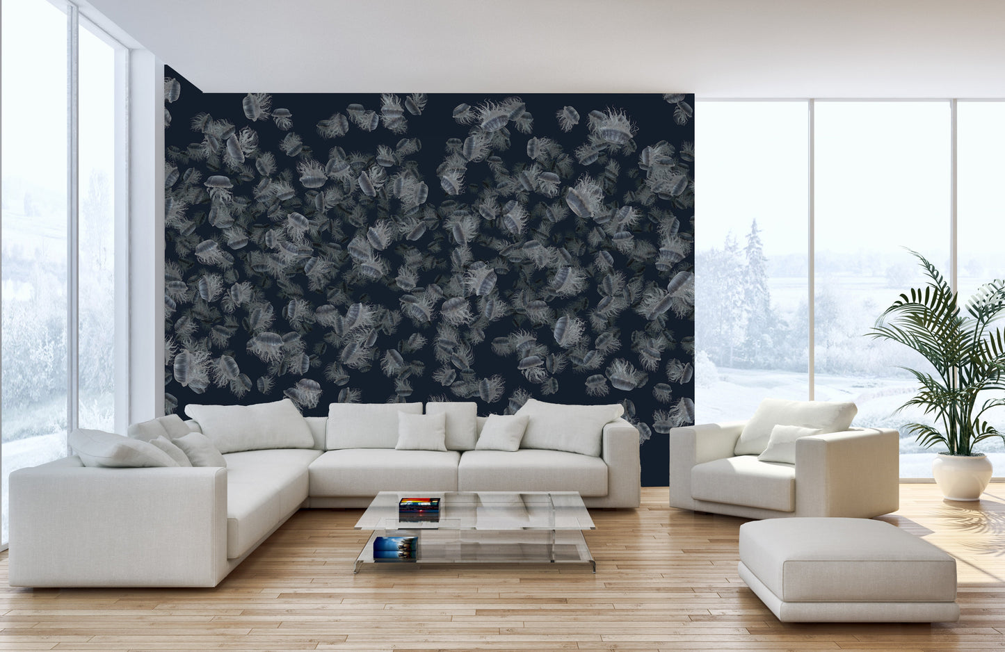 White jellyfish wallpaper mural on deep blue base
