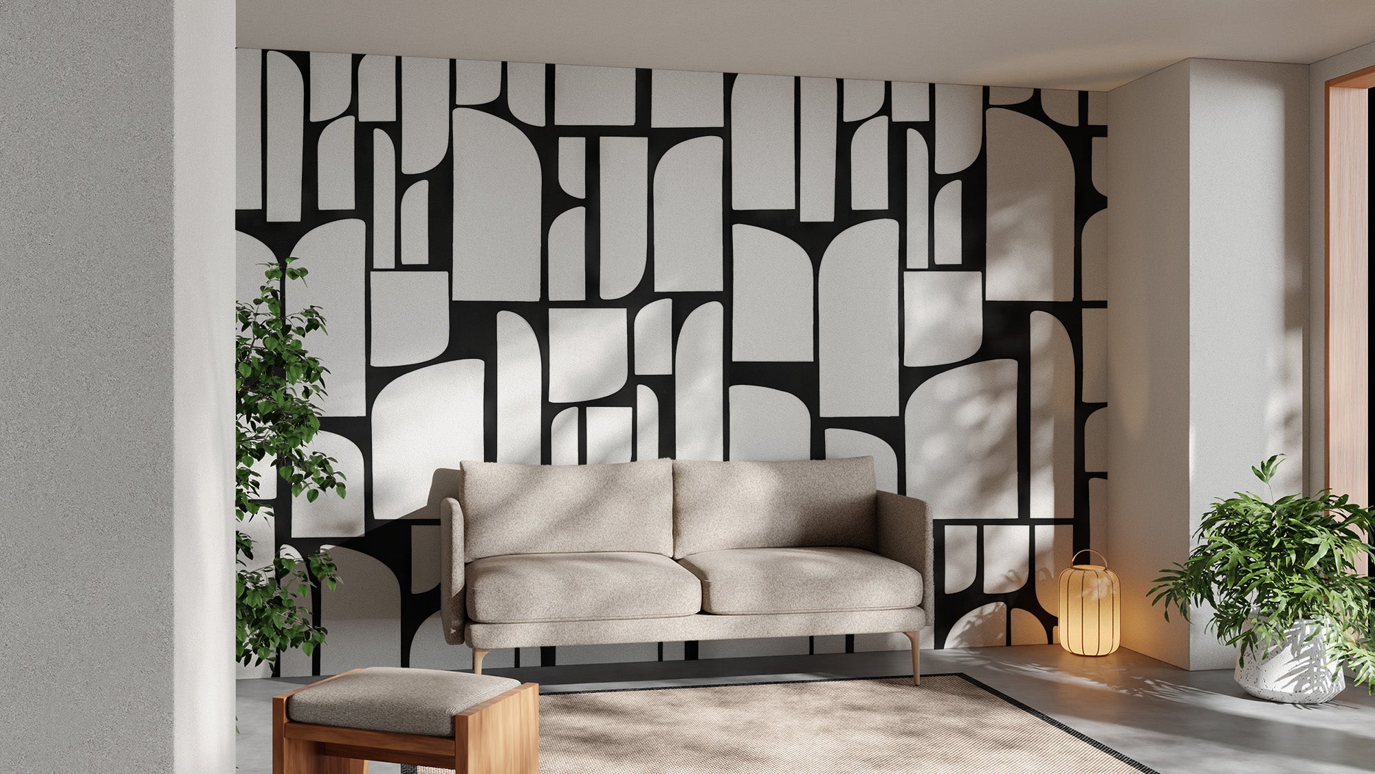 Artistic Monochrome Mosaic Tiles create a bold living room look.