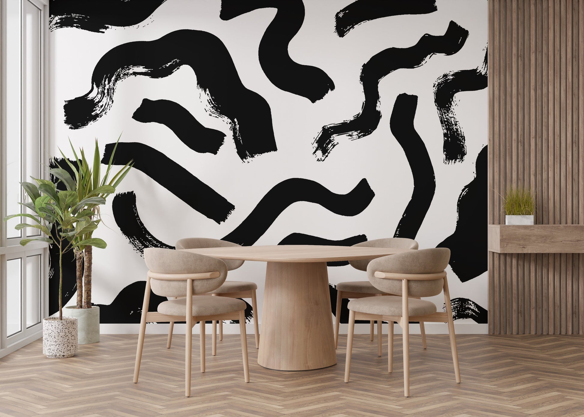 Black art murals enhance dining room aesthetics beautifully