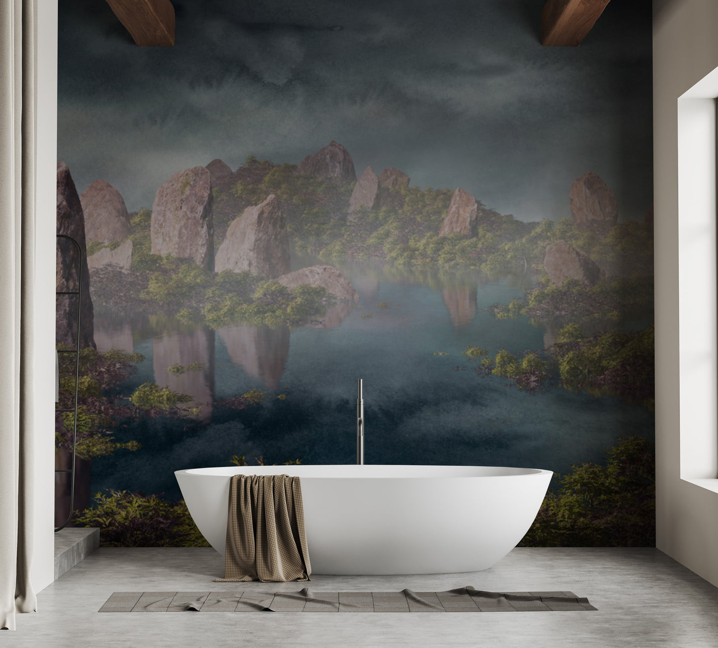 Add sophistication with a dramatic blue Chinese landscape mural.