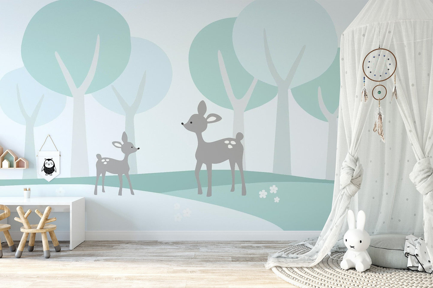 Serene fawn mural wallpaper for nursery space
