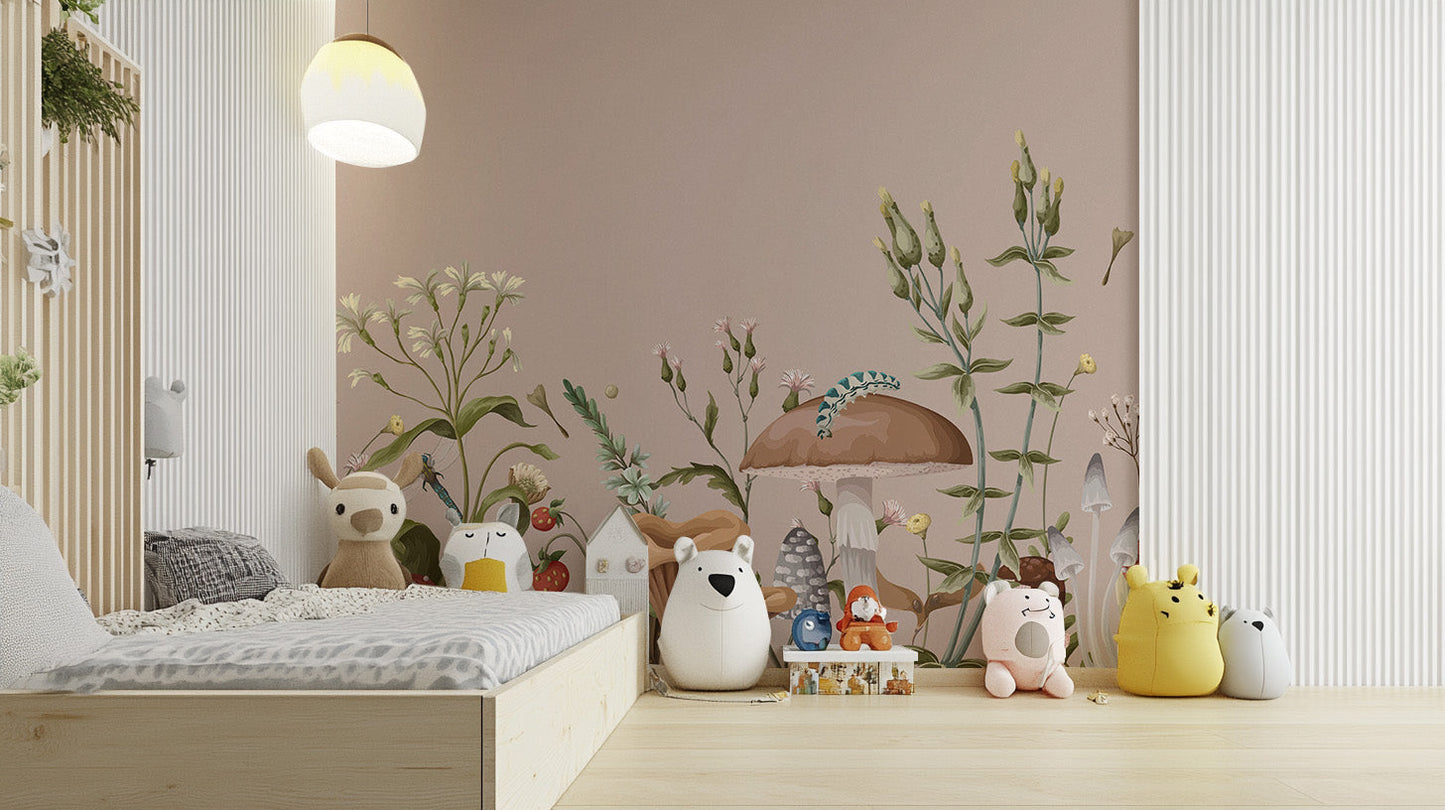 Mushroom Garden Wallpaper Mural adds charm and magic to the kids bedroom