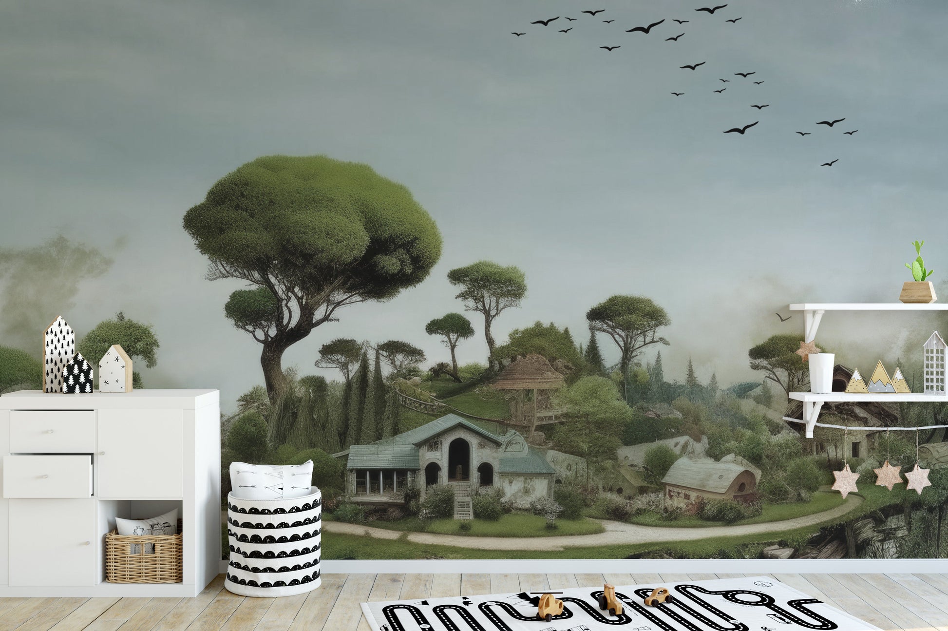 Serene mystical glade mural for a peaceful, magical vibe