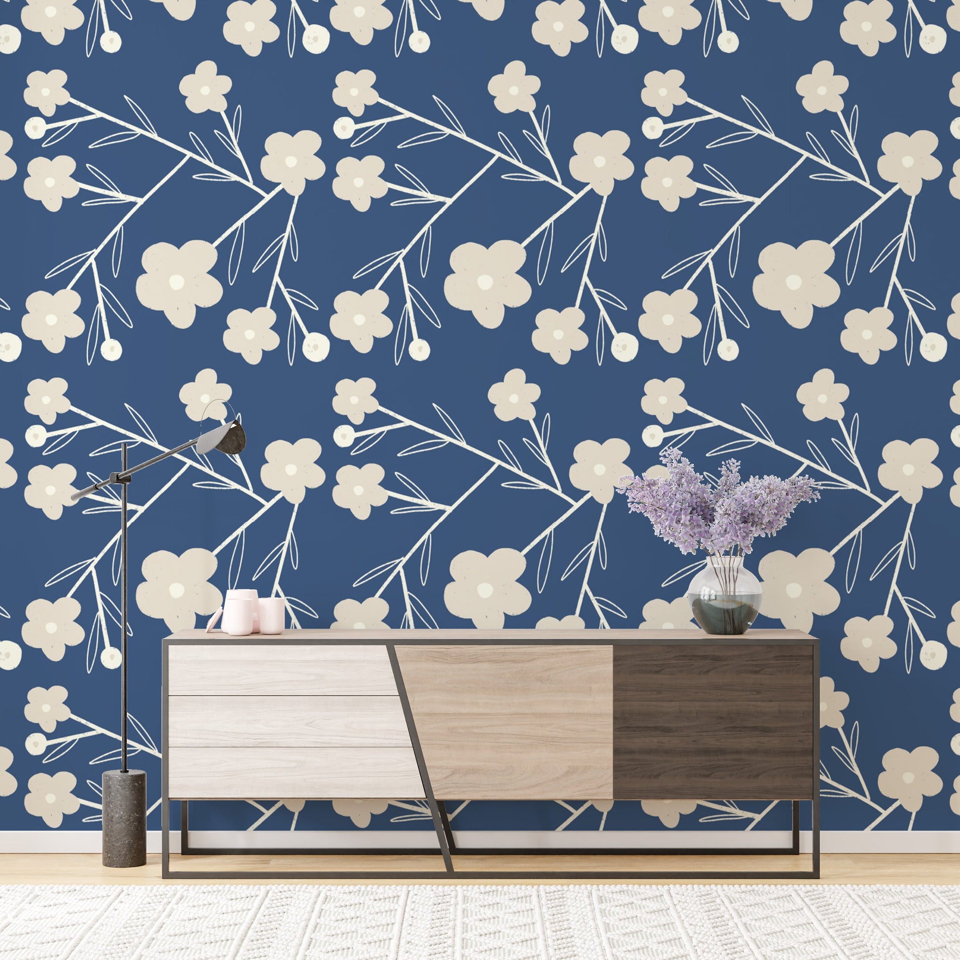 Navy Blue Modern Flower Buds Bush Wallpaper for modern spaces
