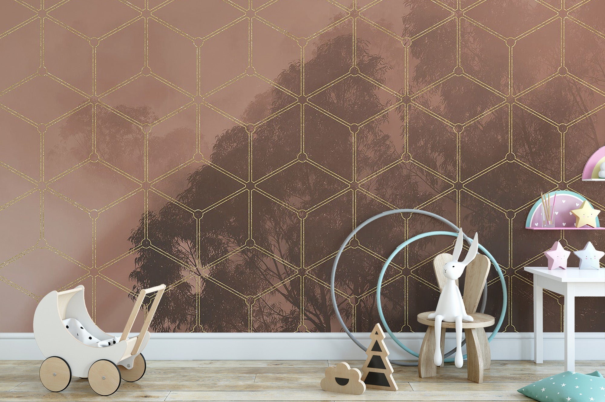 Abstract Golden Forest Grid Mural
