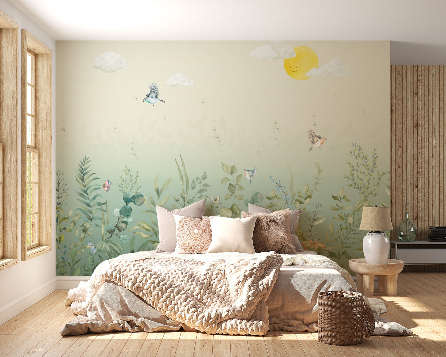 Fluttering Harmony Wallpaper creates a dreamy bedroom retreat