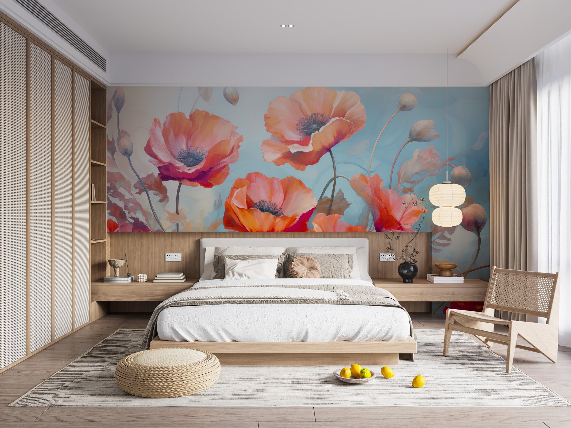 Wild poppies red and blue flower wallpaper for a bold, artistic statement.