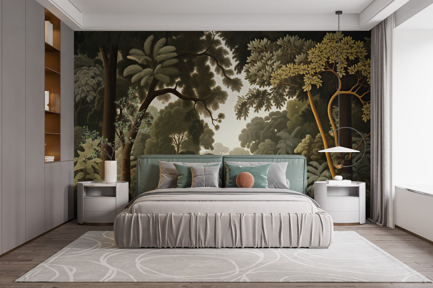 Transform your space with green woodcut botanical wallpaper.
