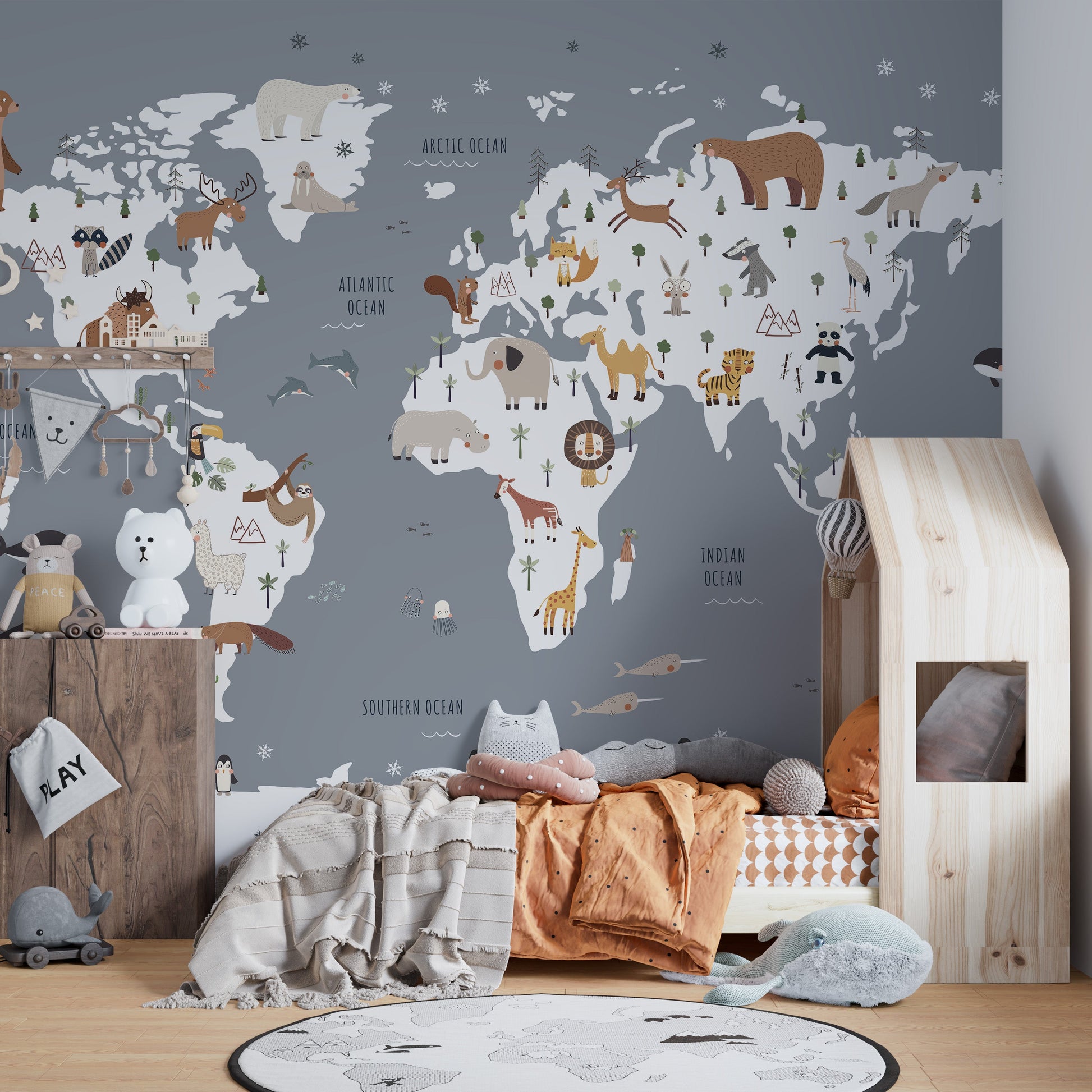 Playful animal map mural for children's rooms
