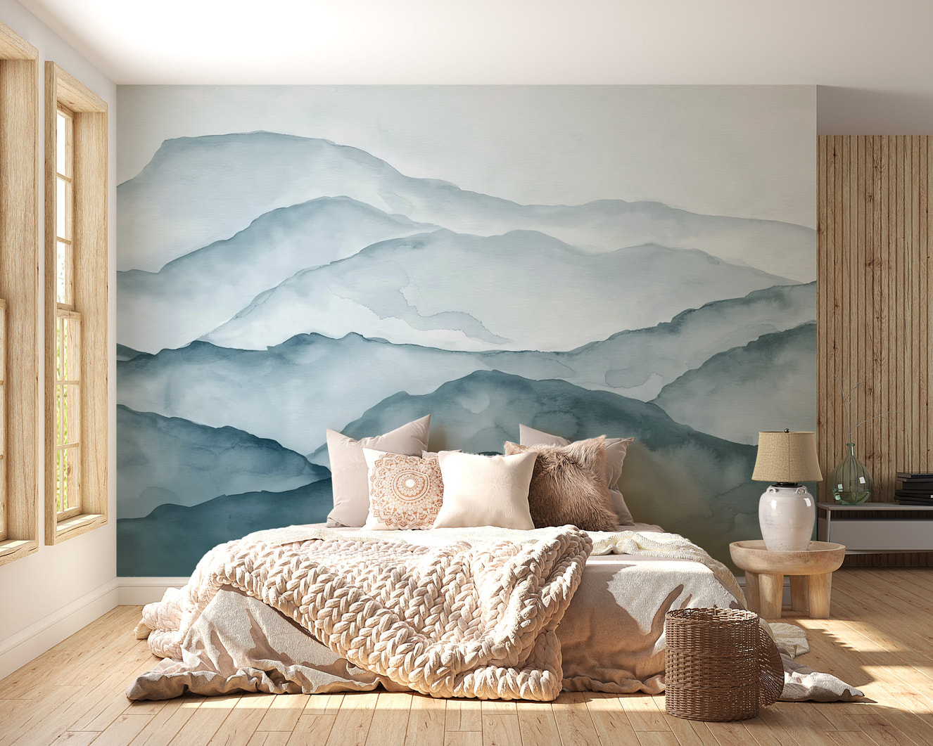 Blue Watercolor Mountain Mural for serene bedroom ambiance