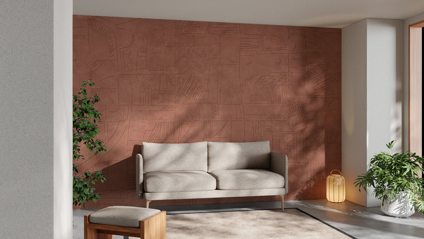 Mystical terracotta mural adding warmth to any space.