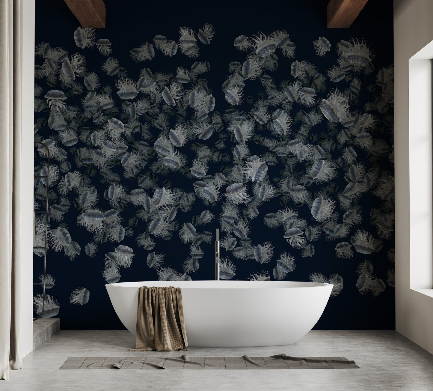 Floating white jellyfish on dark blue wallpaper mural
