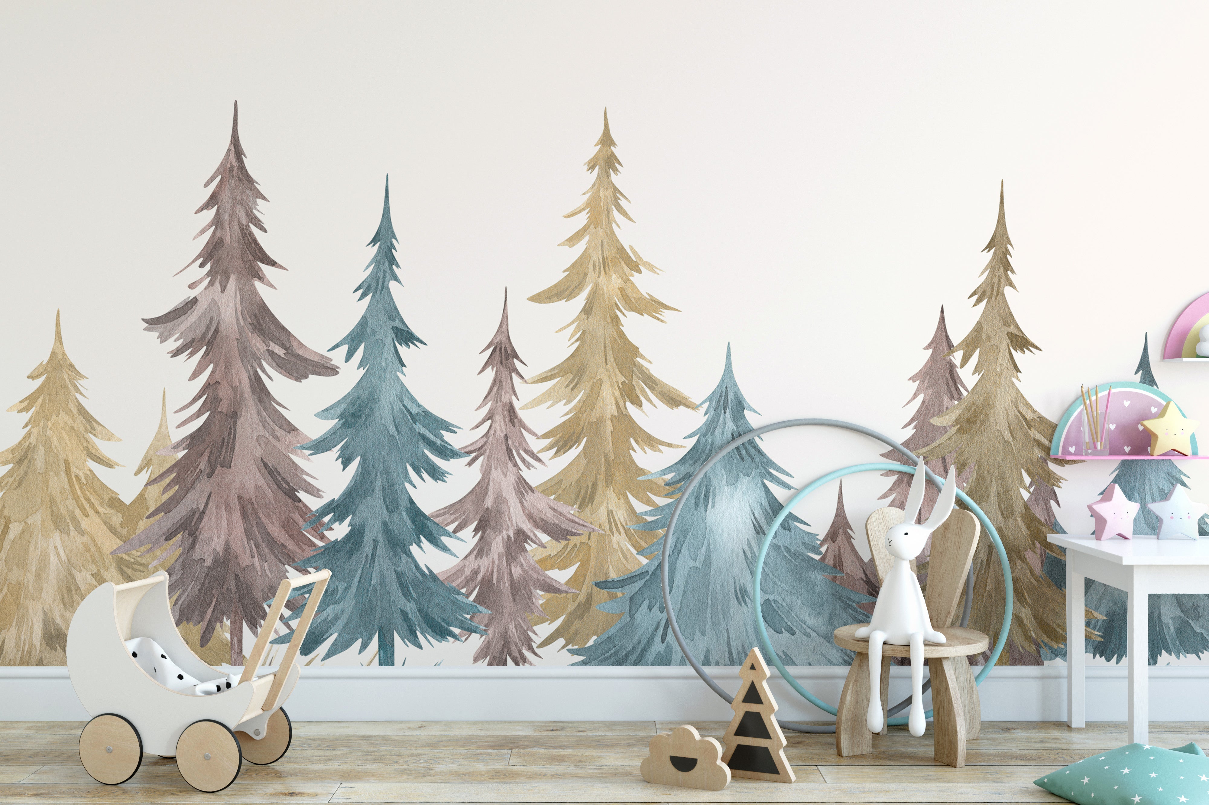 Refreshing evergreen alpine mural for peaceful, stylish spaces.
