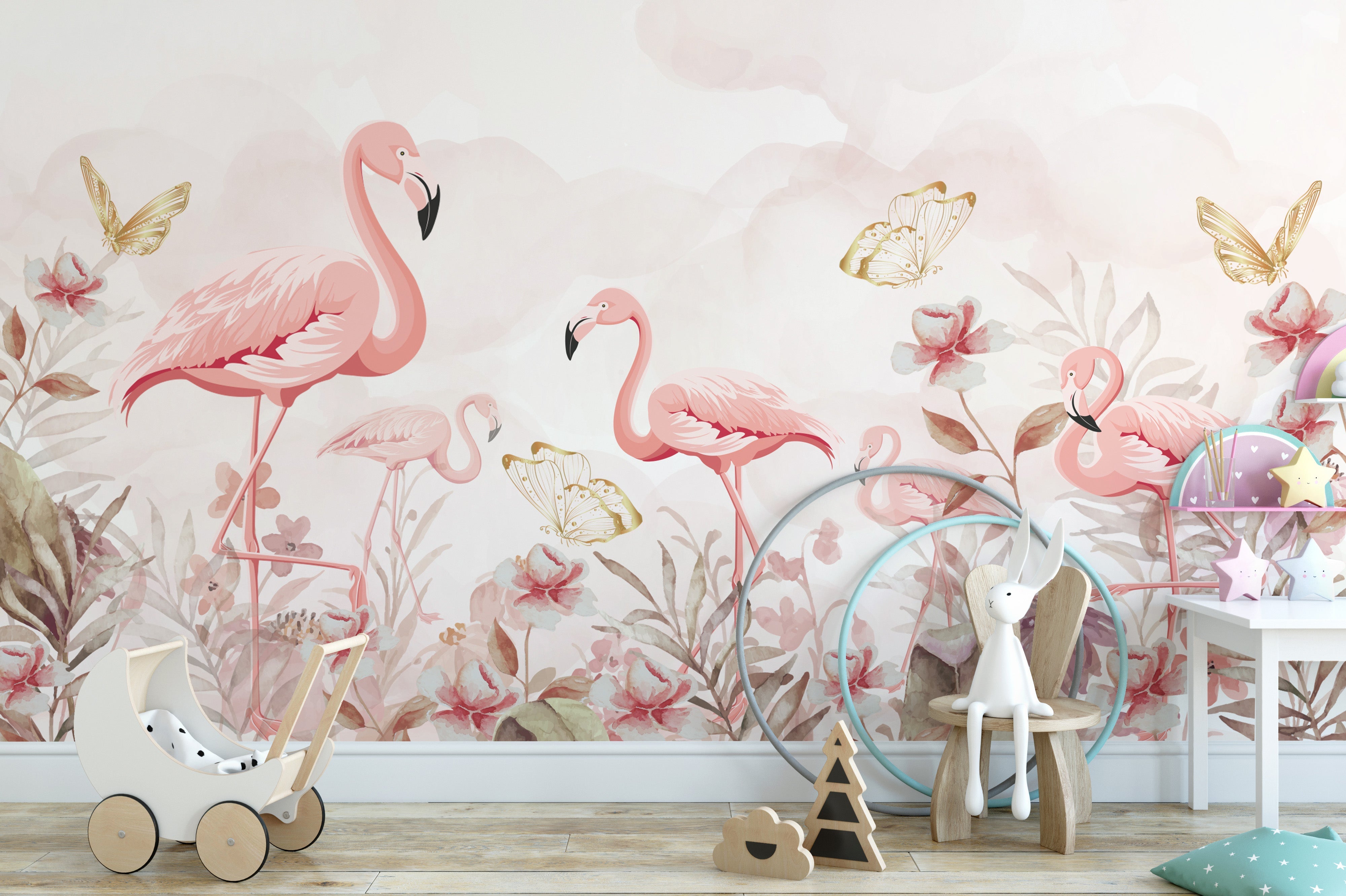 Flamingo serenade mural featuring vibrant, tropical charm.