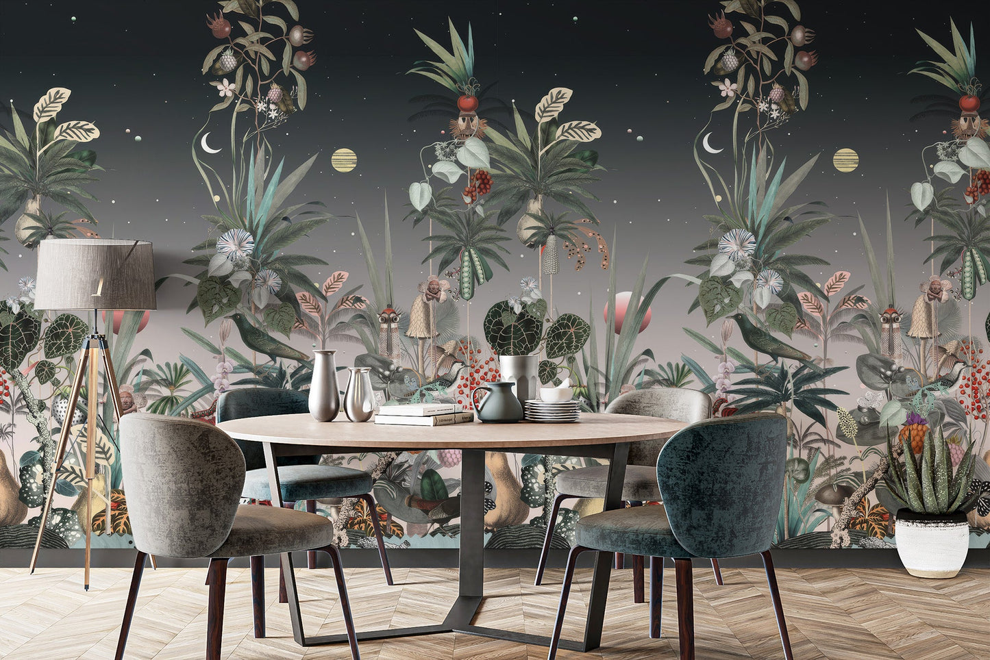 Sophisticated floral mural bringing warmth to an inviting dining area