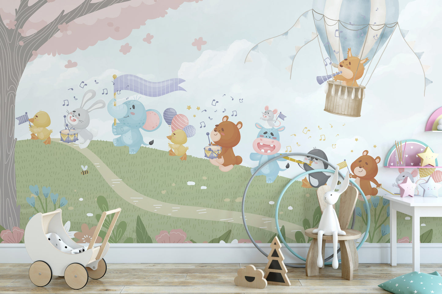 Charming animal orchestra in a musical wallpaper mural