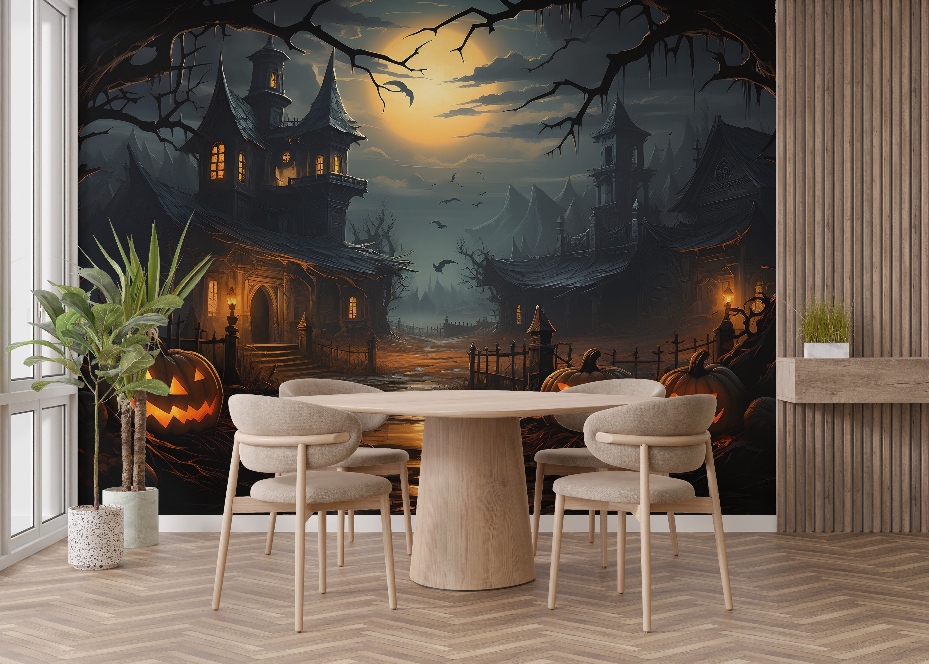 Wallpaper mural of a haunted house at night
