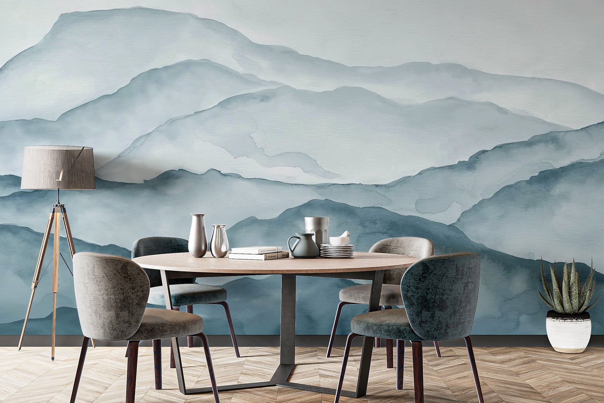 Blue Watercolour Mountain Mural - Giffywalls