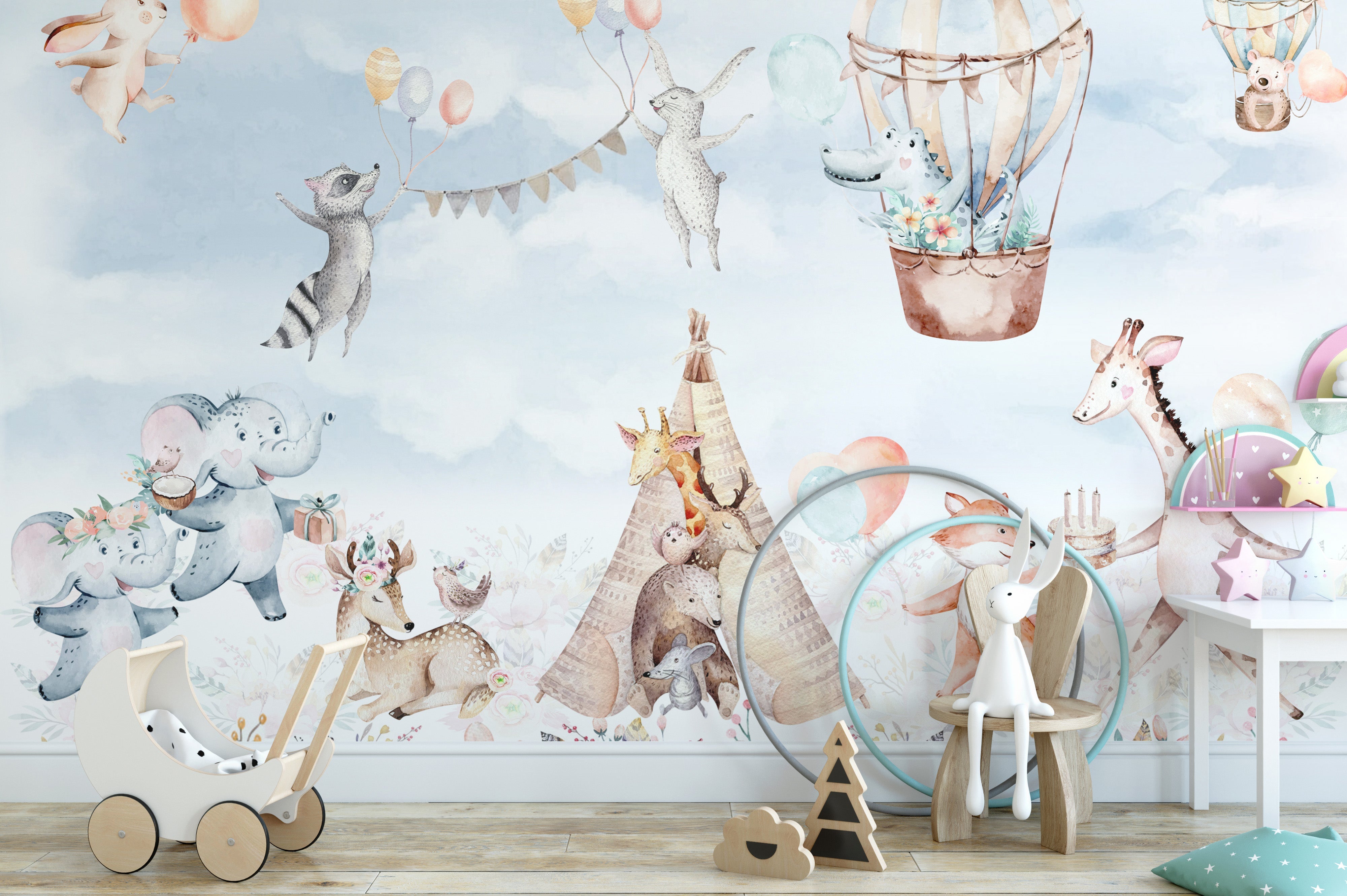 Balloons soaring in a blossom valley wallpaper art mural.
