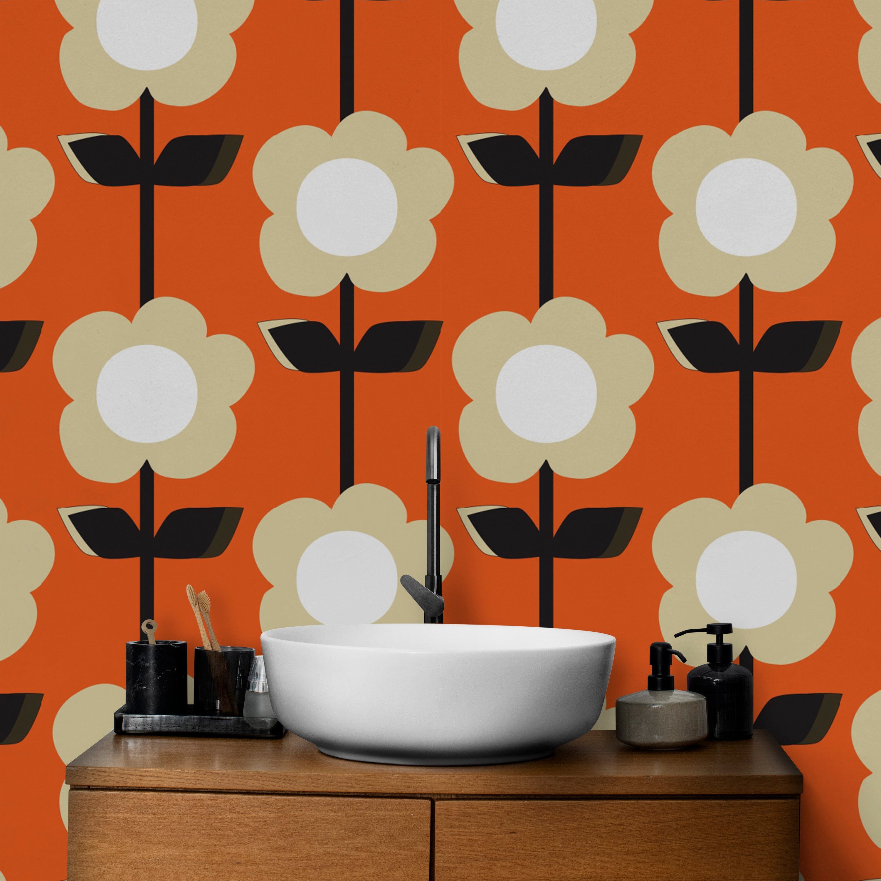 Bold Retro Flower Orange Wallpaper for vintage decor