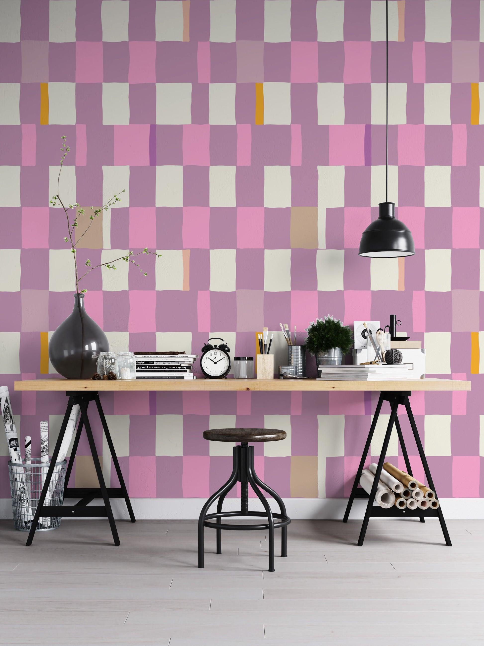 Decorative checkerboard wallpaper with intricate mosaic accents.
