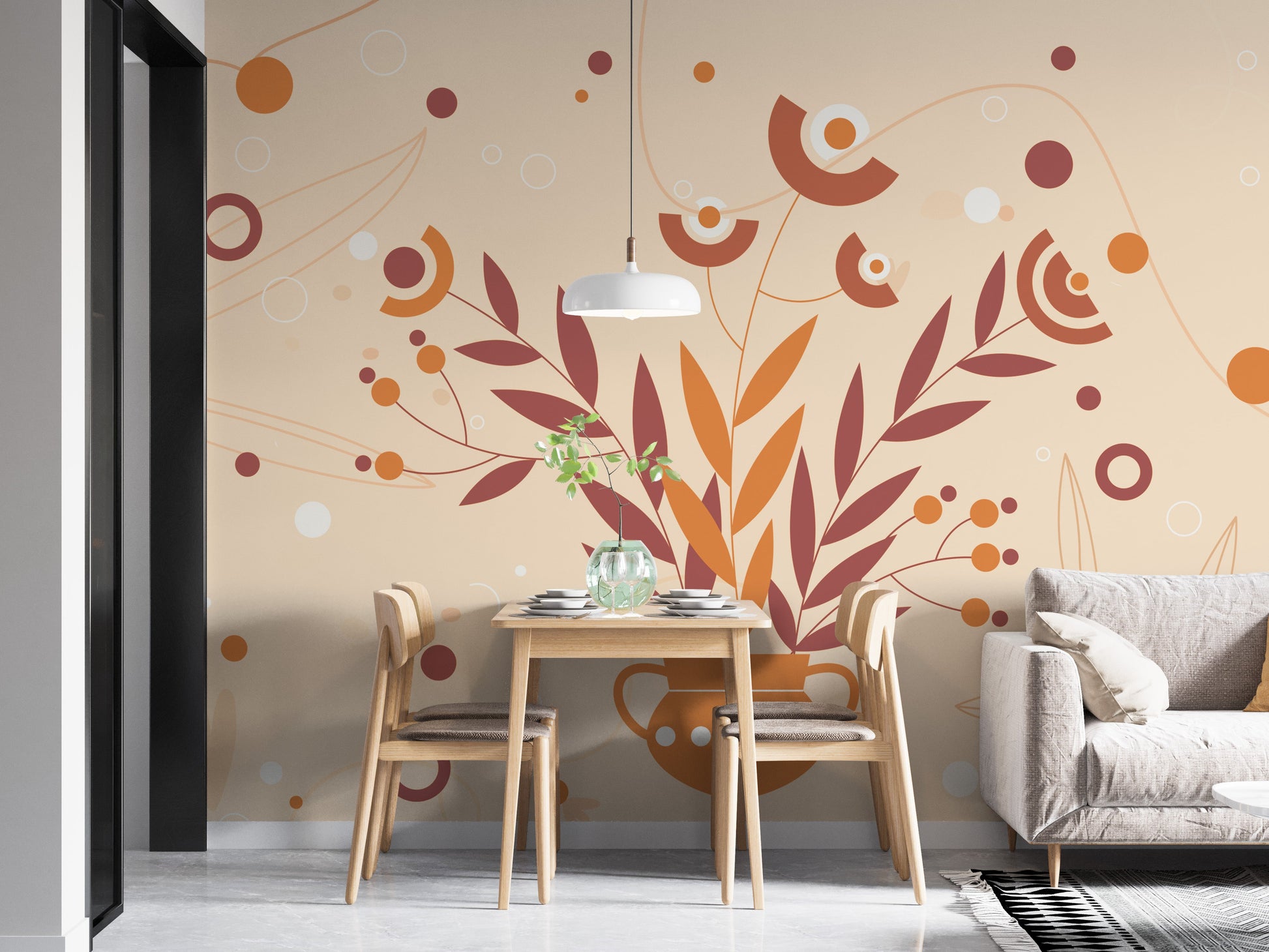 Elegant vase wallpaper featuring autumn-inspired mural art.
