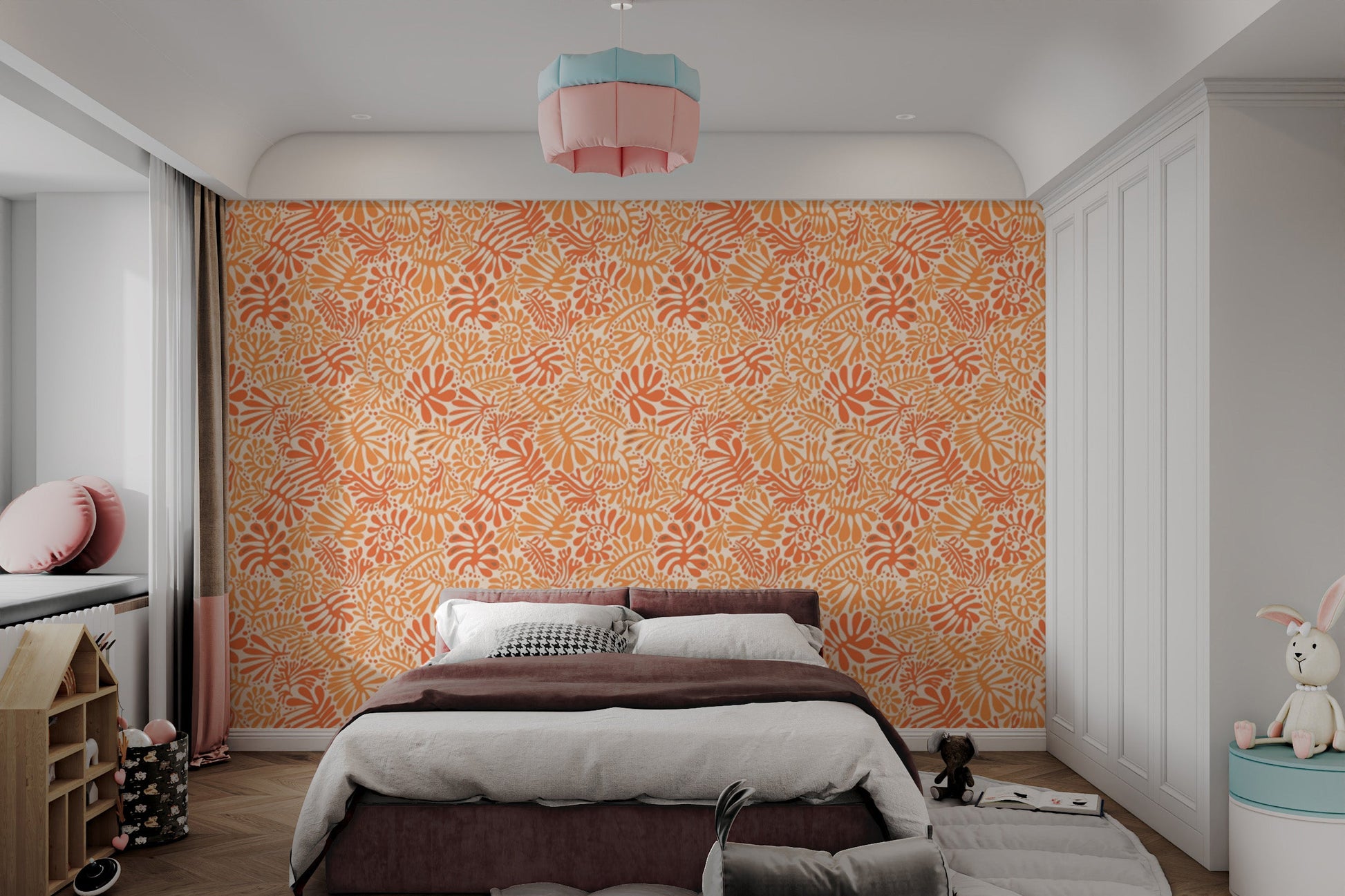 Removable wallpaper with vibrant tangerine leaf design