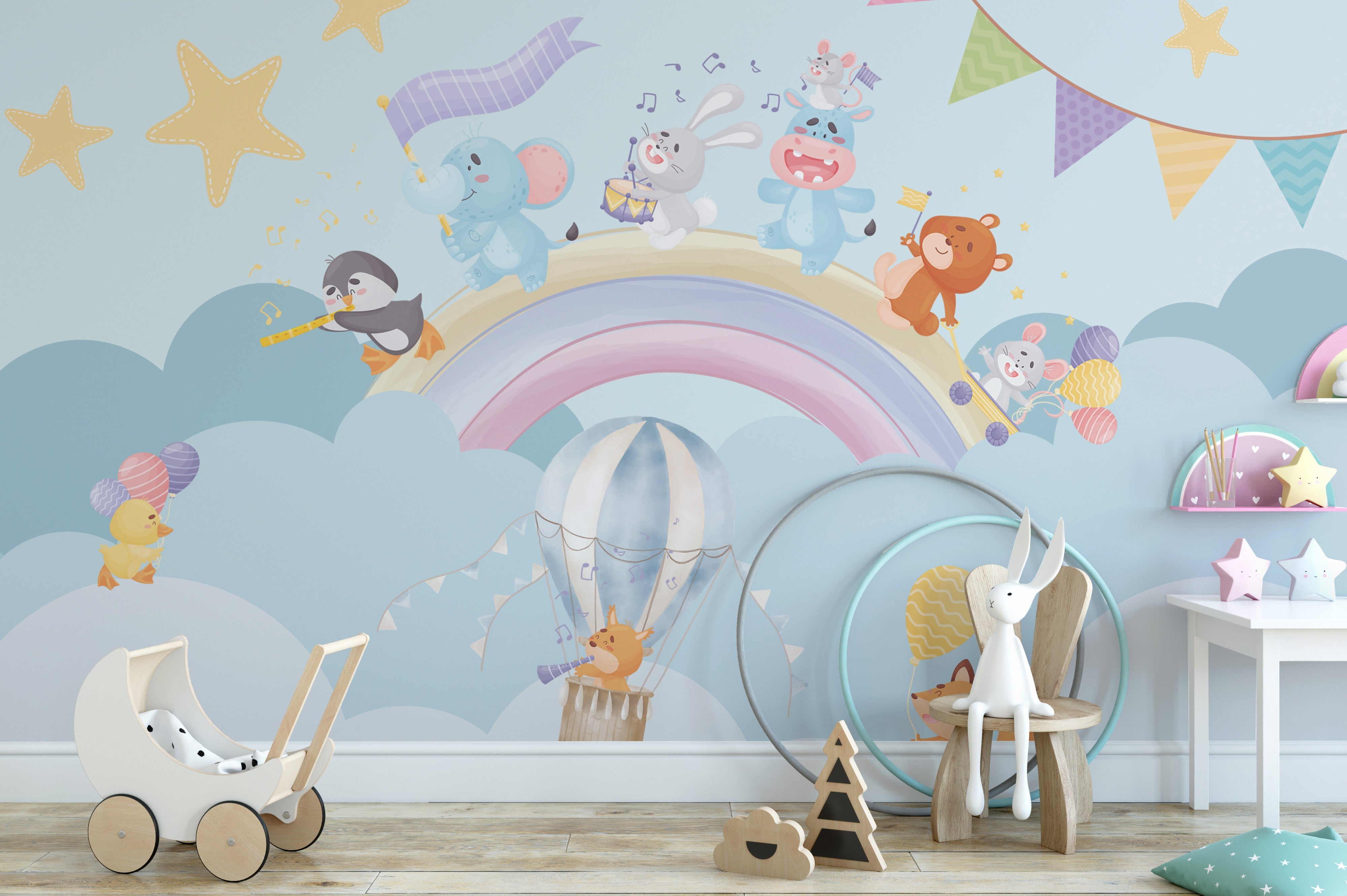 Musical Animals Rainbow Parade Mural wallpaper for walls