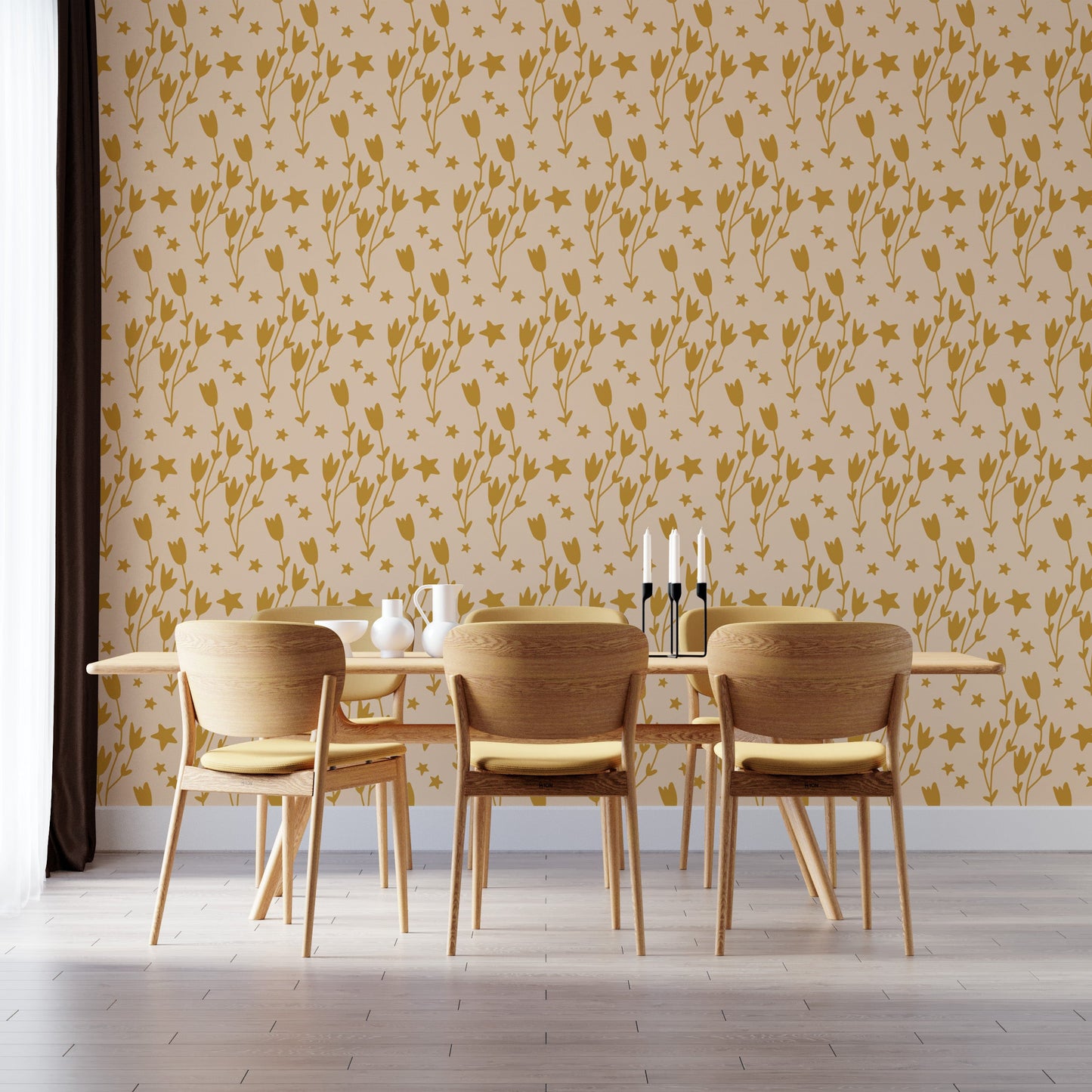 Cozy floral wallpaper in yellow with stars
