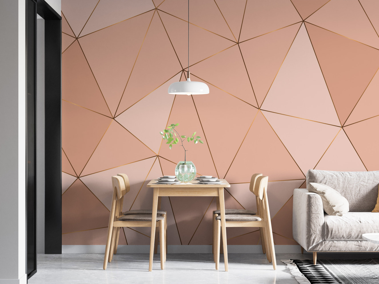 Peach geometric wallpaper with a harmonious mural design.
