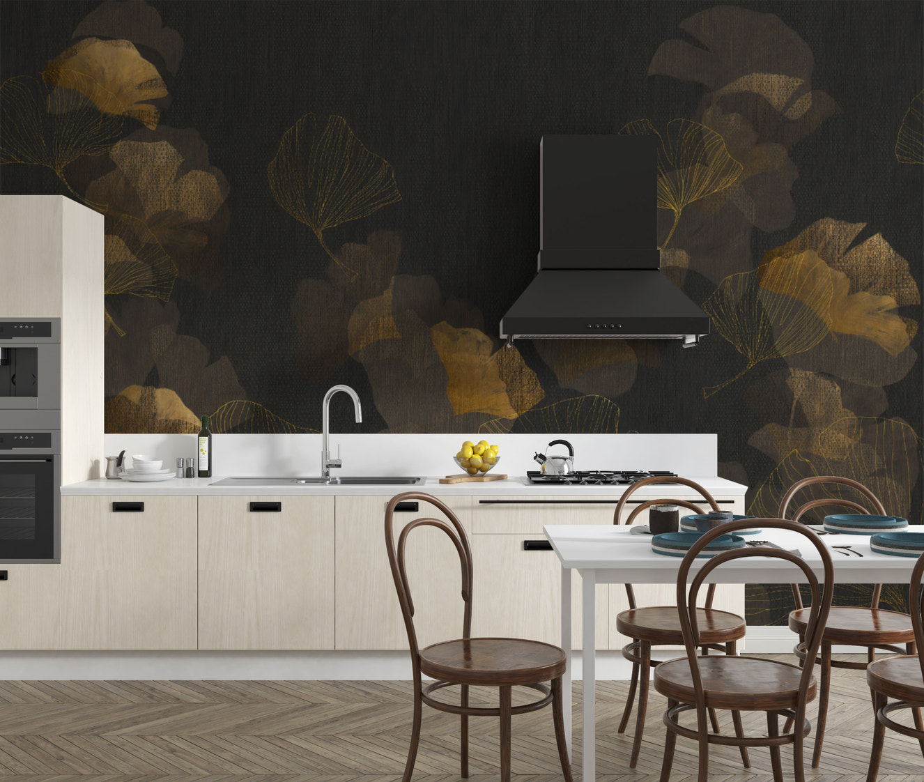 Golden Ginkgo Noir Floral Wallpaper Mural
