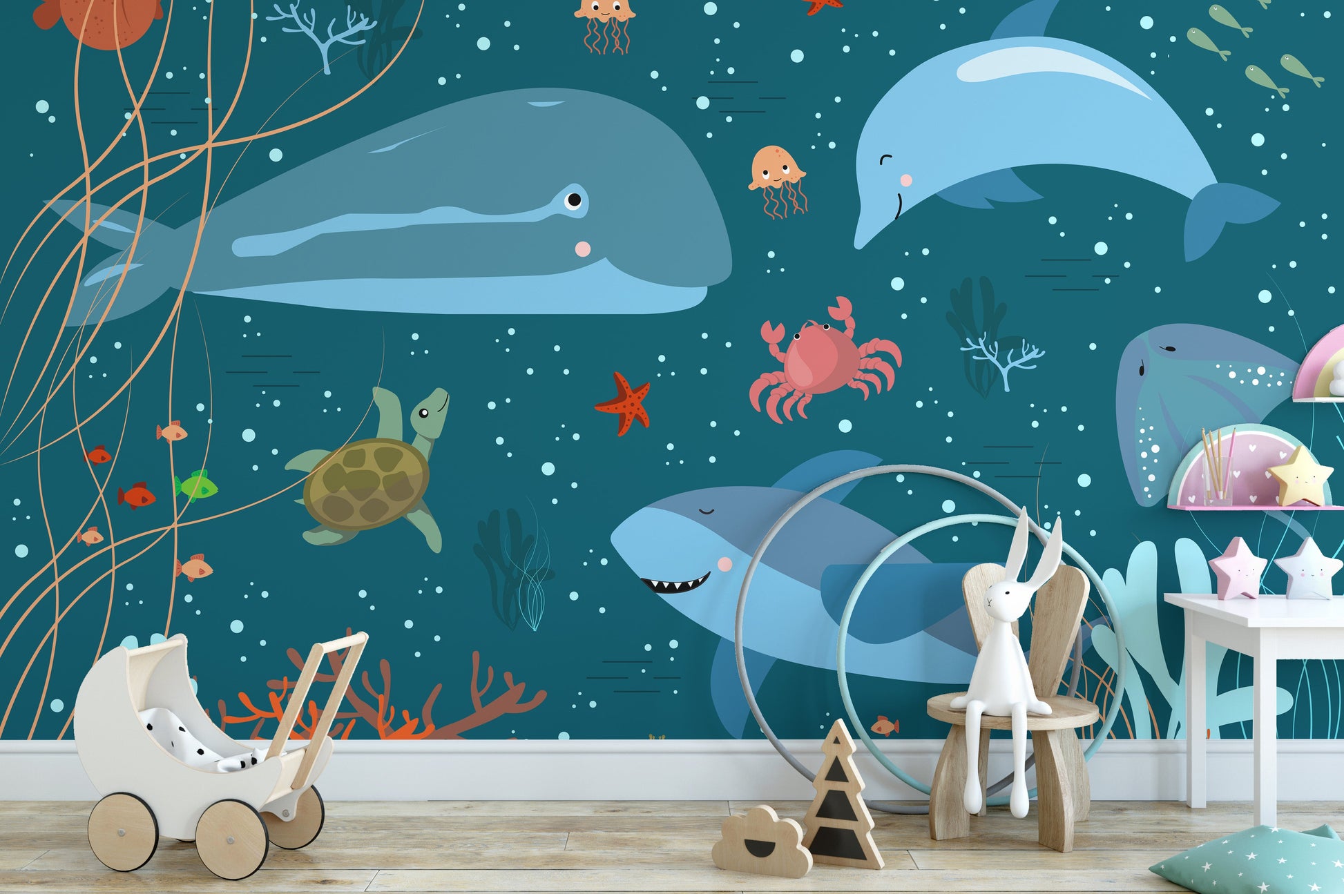 Blue Underwater Cartoon Whales Kids Room Wallpaper Murals - Giffywalls