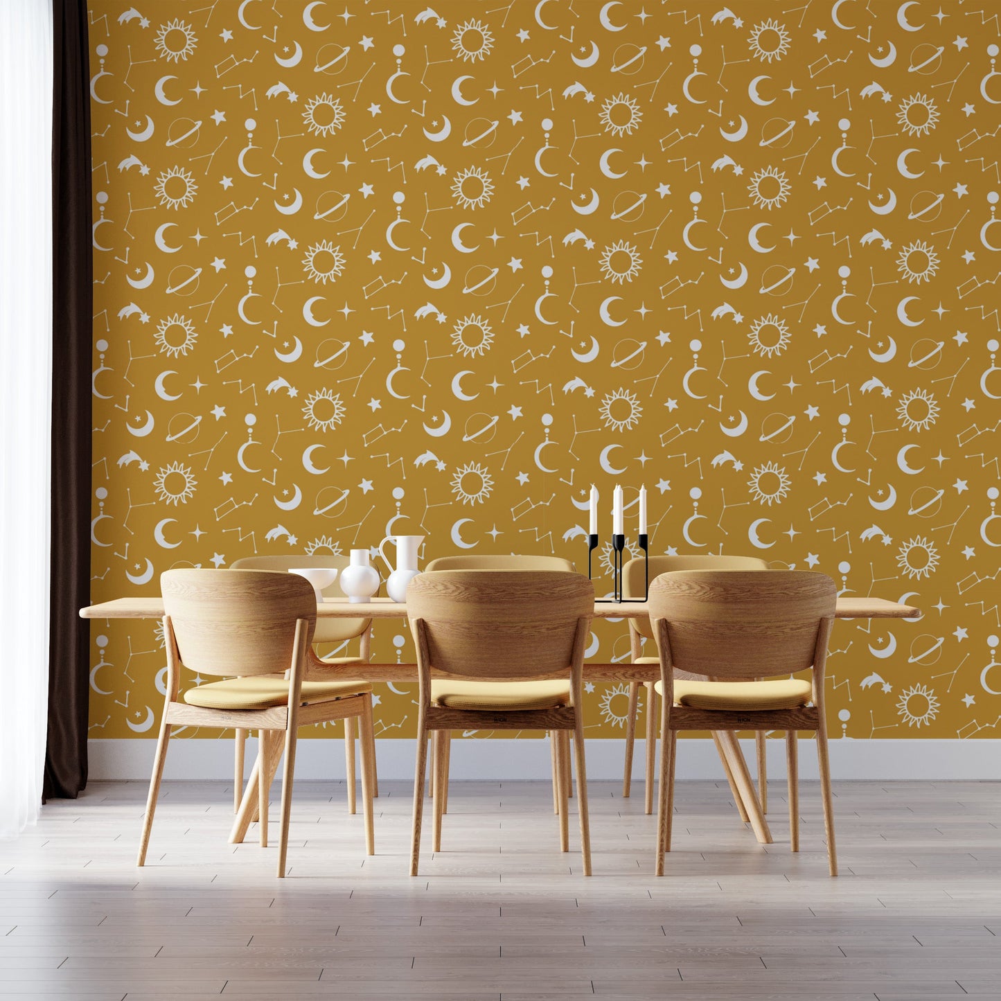 Sun and moon yellow wallpaper with stars
