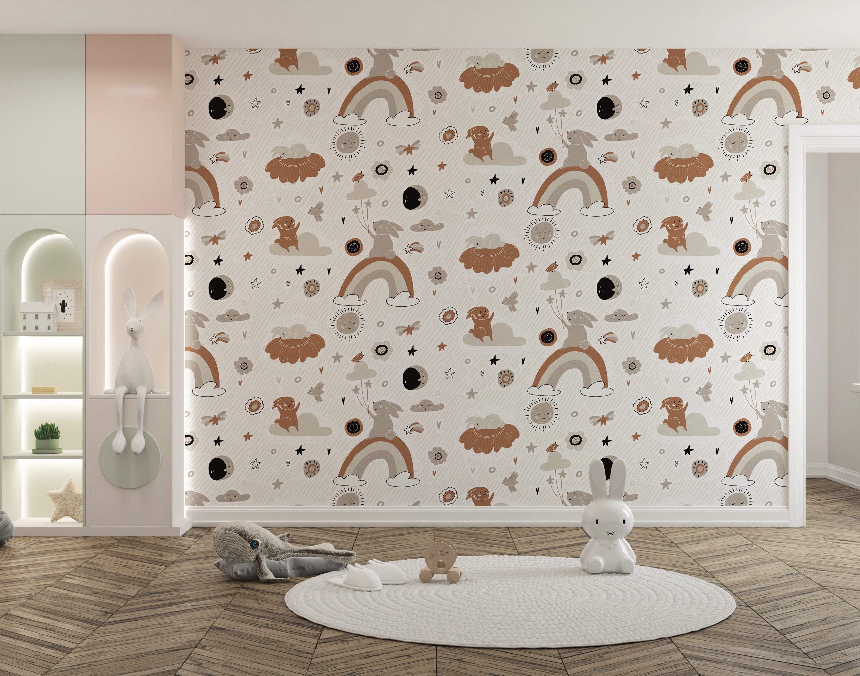 Peel-and-stick bunny rainbow mural wallpaper